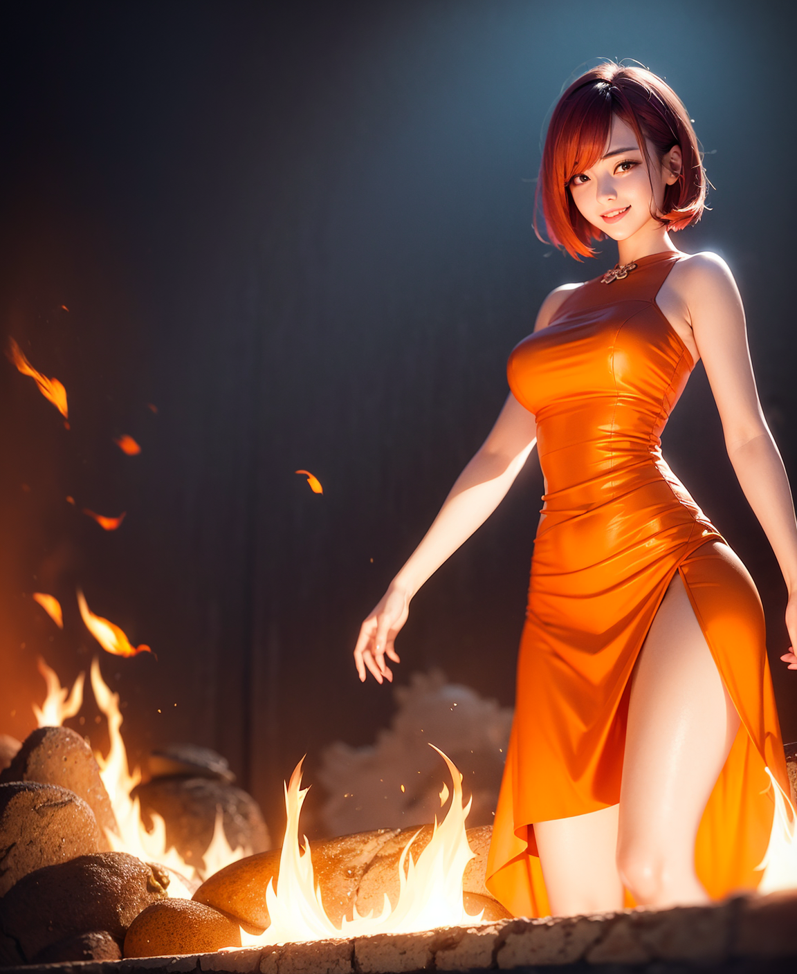 Ai Art Tight Dress Fire Vertical Asian Women Dress Looking At Viewer Redhead 1152x1408