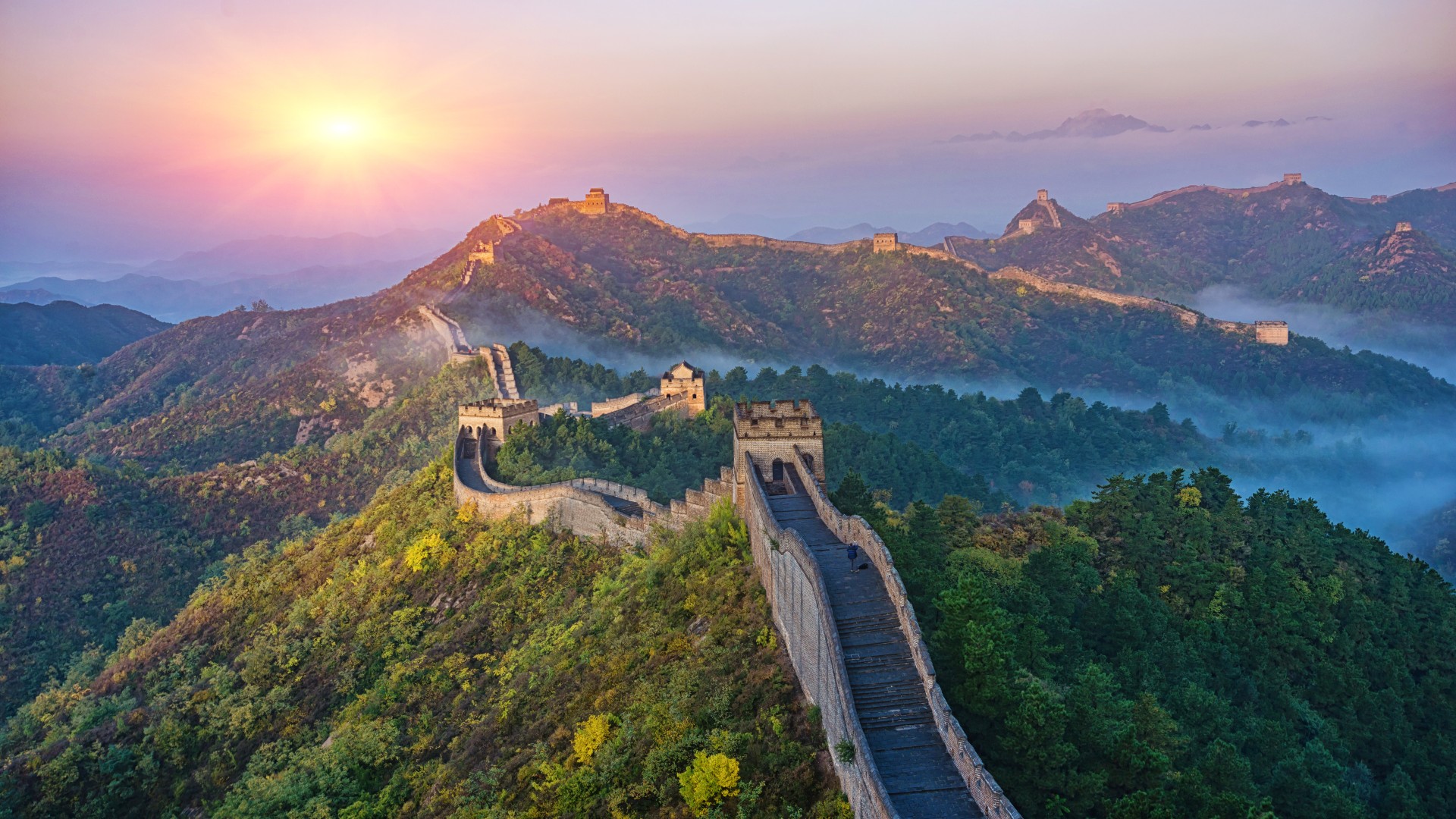 Nature Landscape Great Wall Of China China Wall Bricks Tower Mountains Trees Forest Mist Aerial View 1920x1080