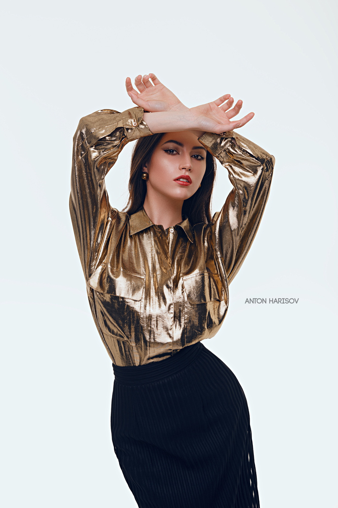 Anton Harisov Women Brunette Makeup Looking At Viewer Gold Skirt White Background 1333x2000