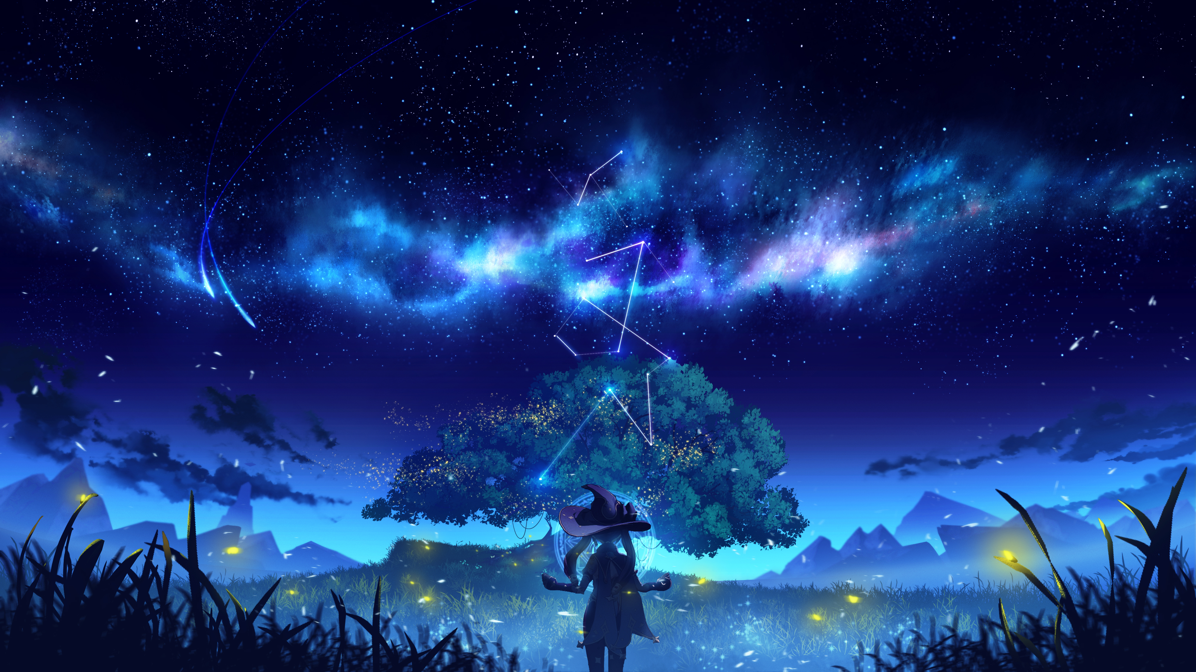 Anime Games Genshin Impact Anime Anime Girls Trees Sky Night Stars Constellations 4000x2250