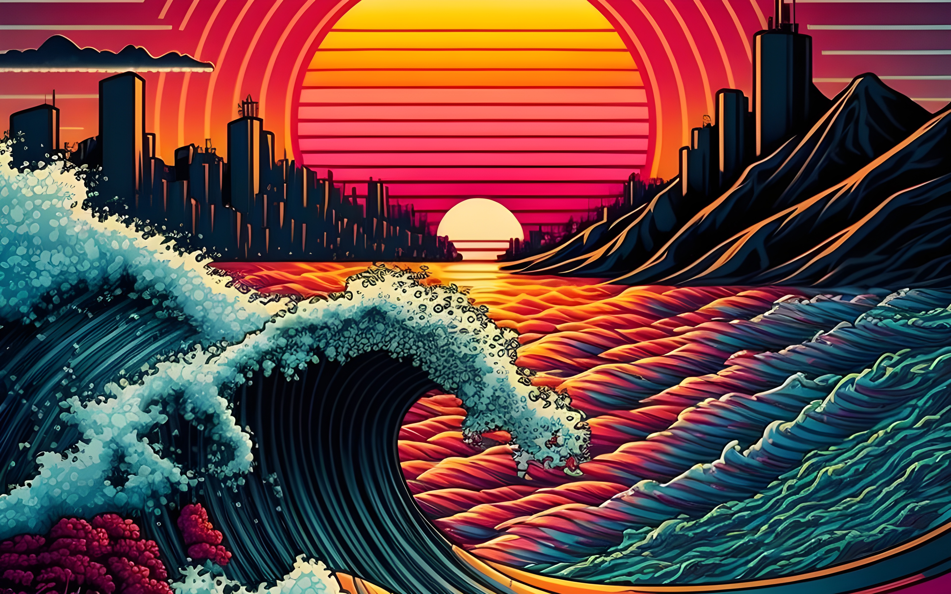 The Great Wave Off Kanagawa Artificial Intelligence 4K Waves Sunset Ai Art 3840x2400
