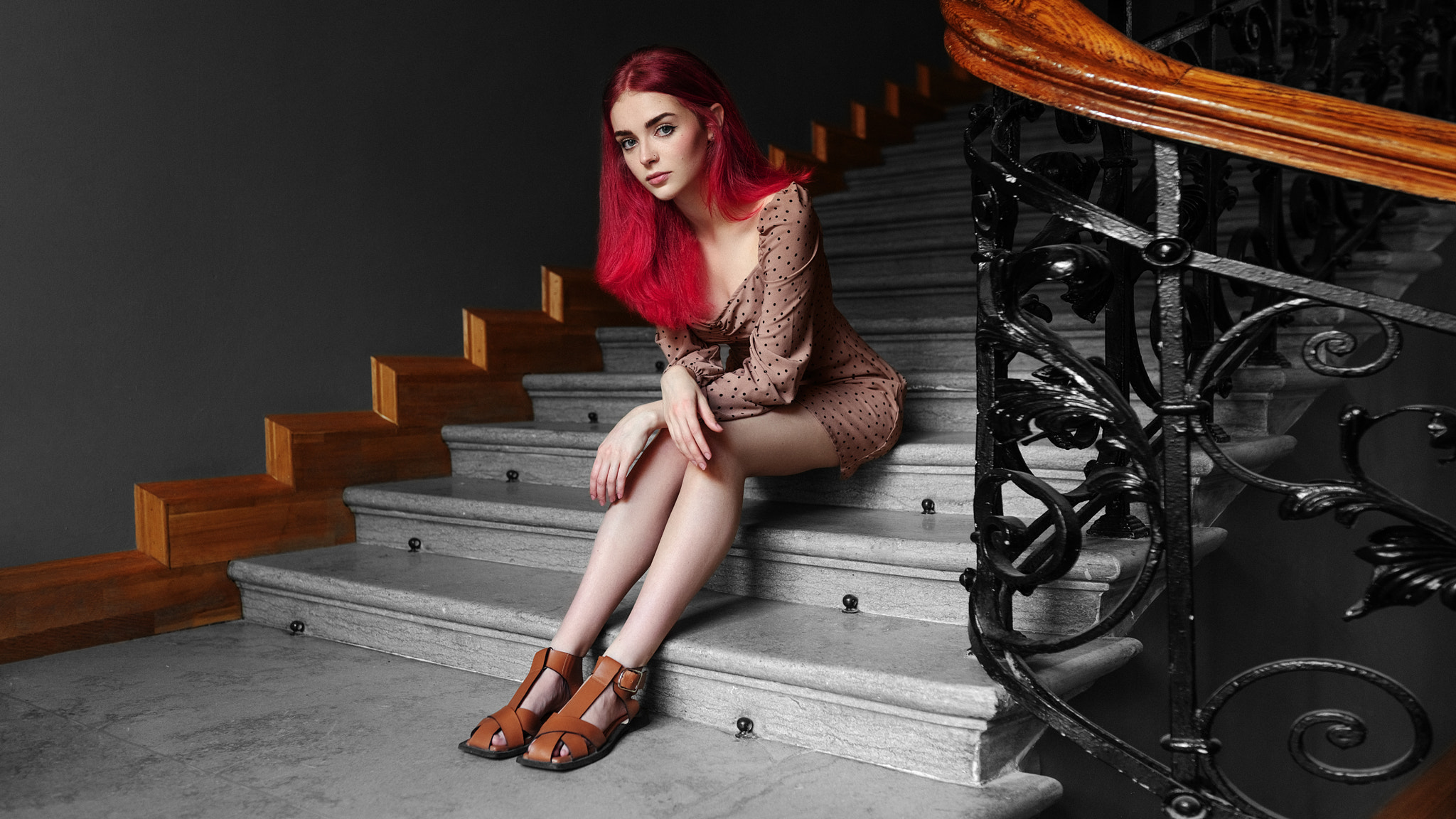 George Poison Women Redhead Long Hair Looking At Viewer Blush Dress Dots Legs Stairs 2048x1152