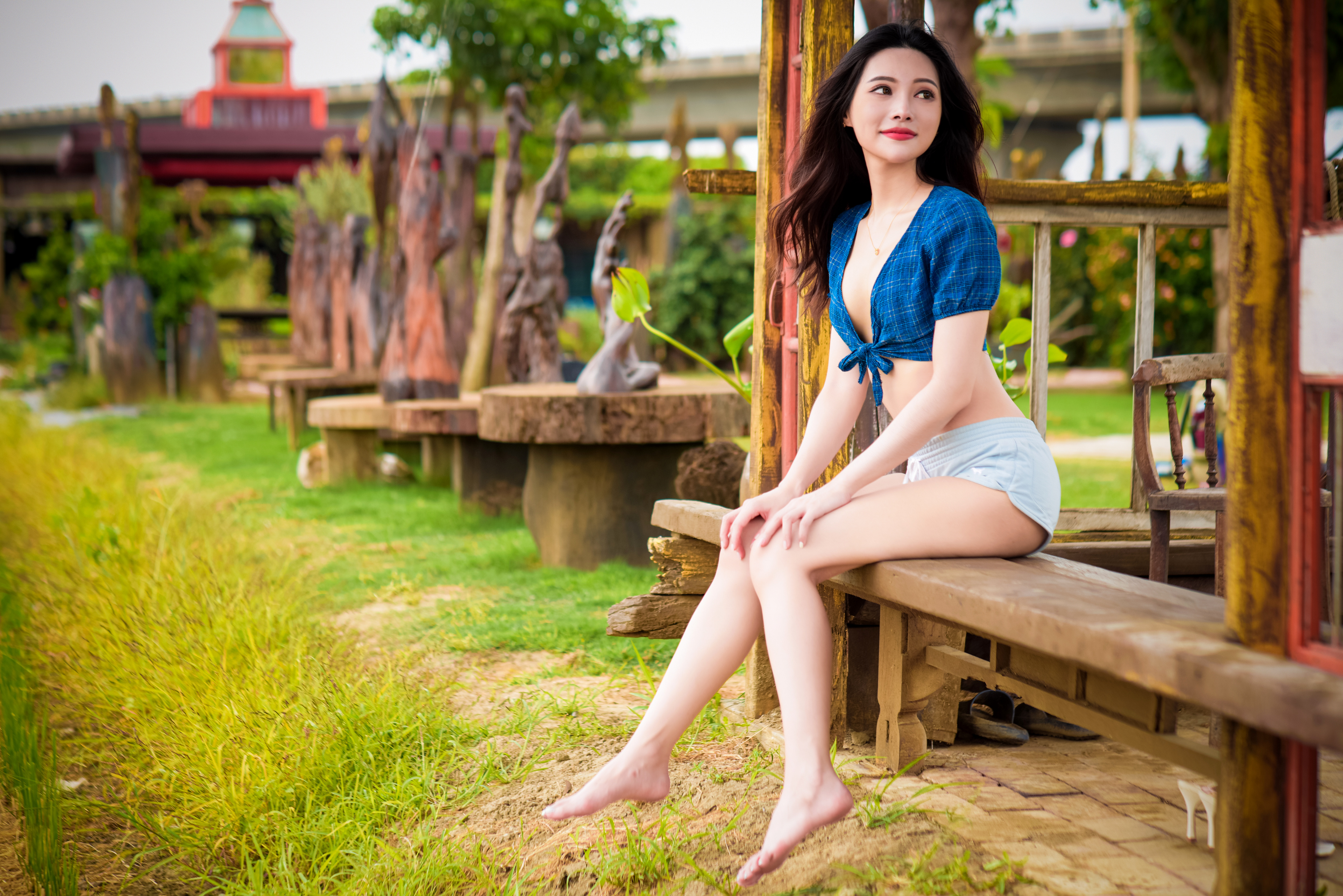 Asian Model Women Dark Hair Long Hair Shorts Blue Tops Barefoot Sitting 3840x2563