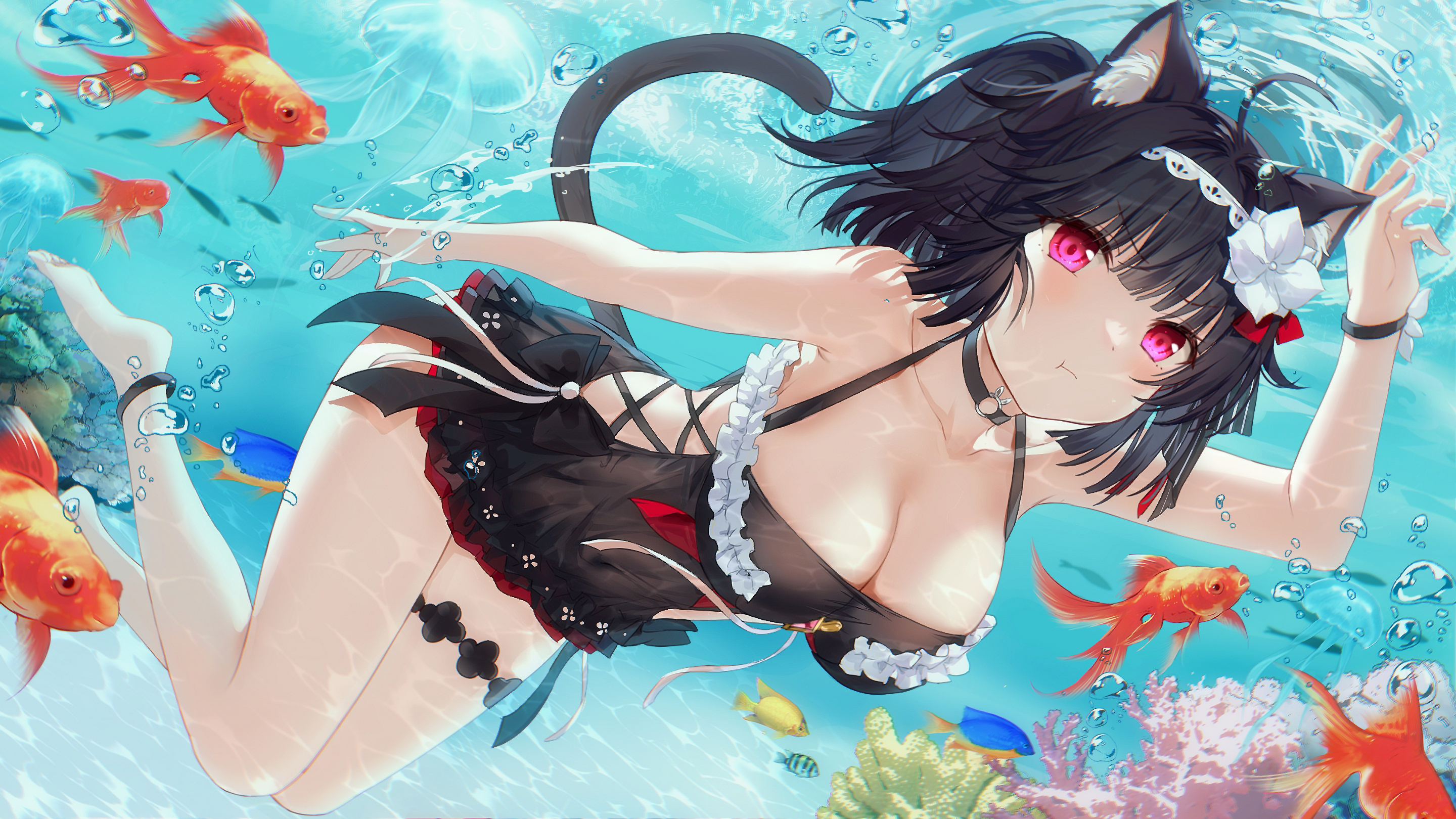 Anime Anime Girls Cat Girl Cat Ears Cat Tail Water Bubbles Underwater Fish Animals Swimming Looking  2880x1620
