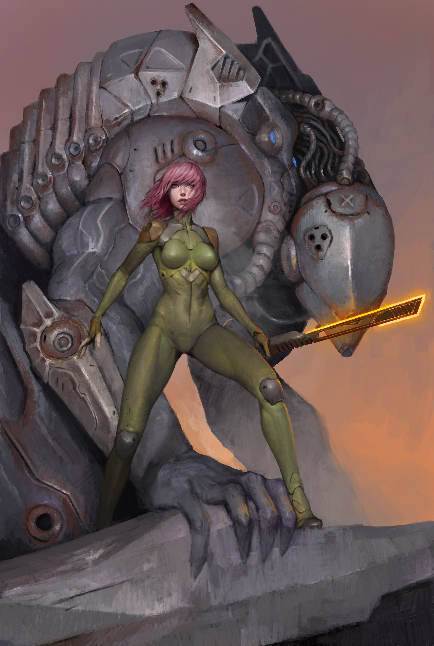 Original Characters Artwork Science Fiction Creature Oleg Bulakh Women Weapon Pink Hair Plugsuit Fan 1695x2520