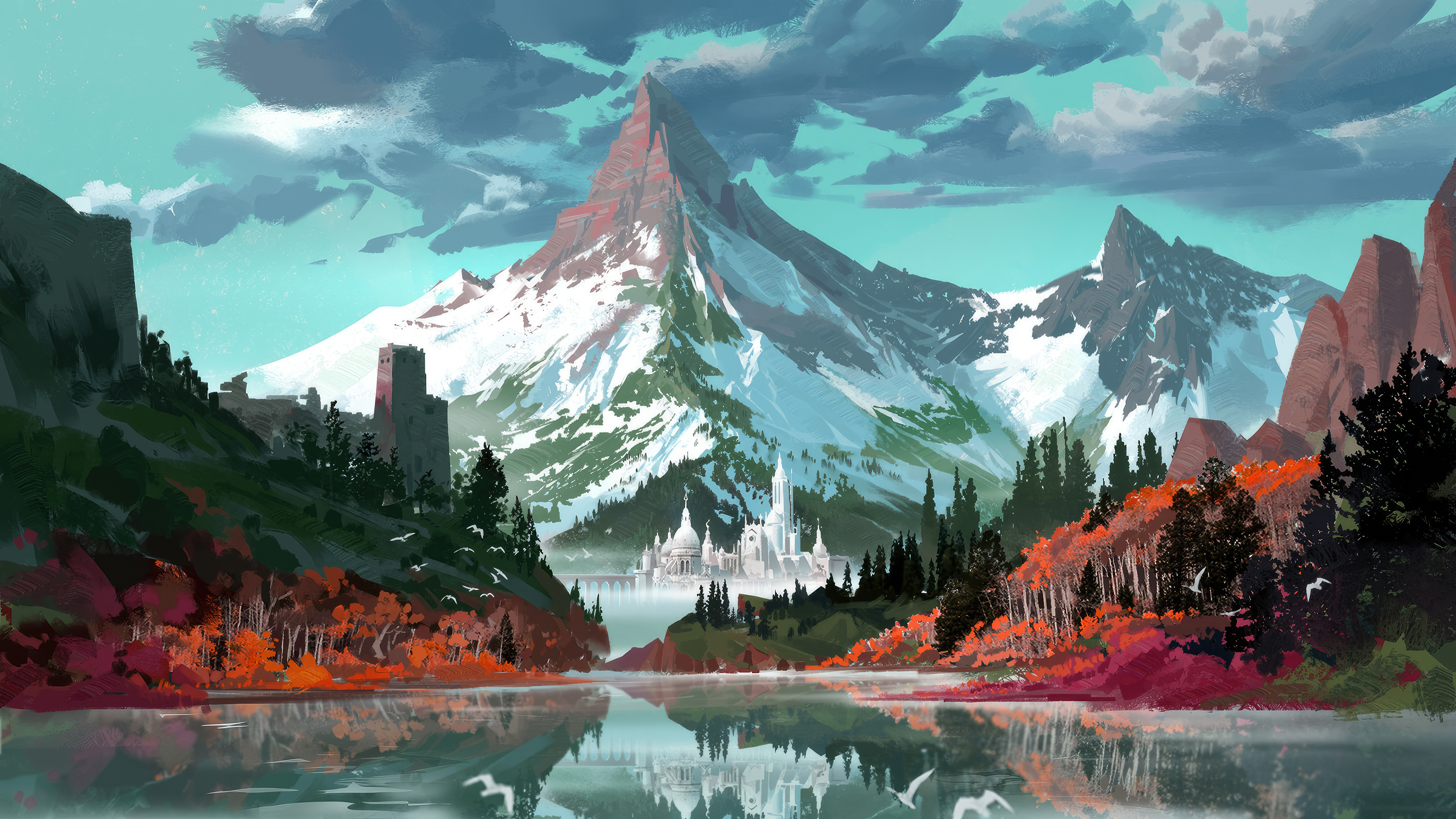 Digital Painting Digital Art Mountains Lake Forest Clouds Fall Castle Ruins Reflection Water Sky Sno 3840x2160