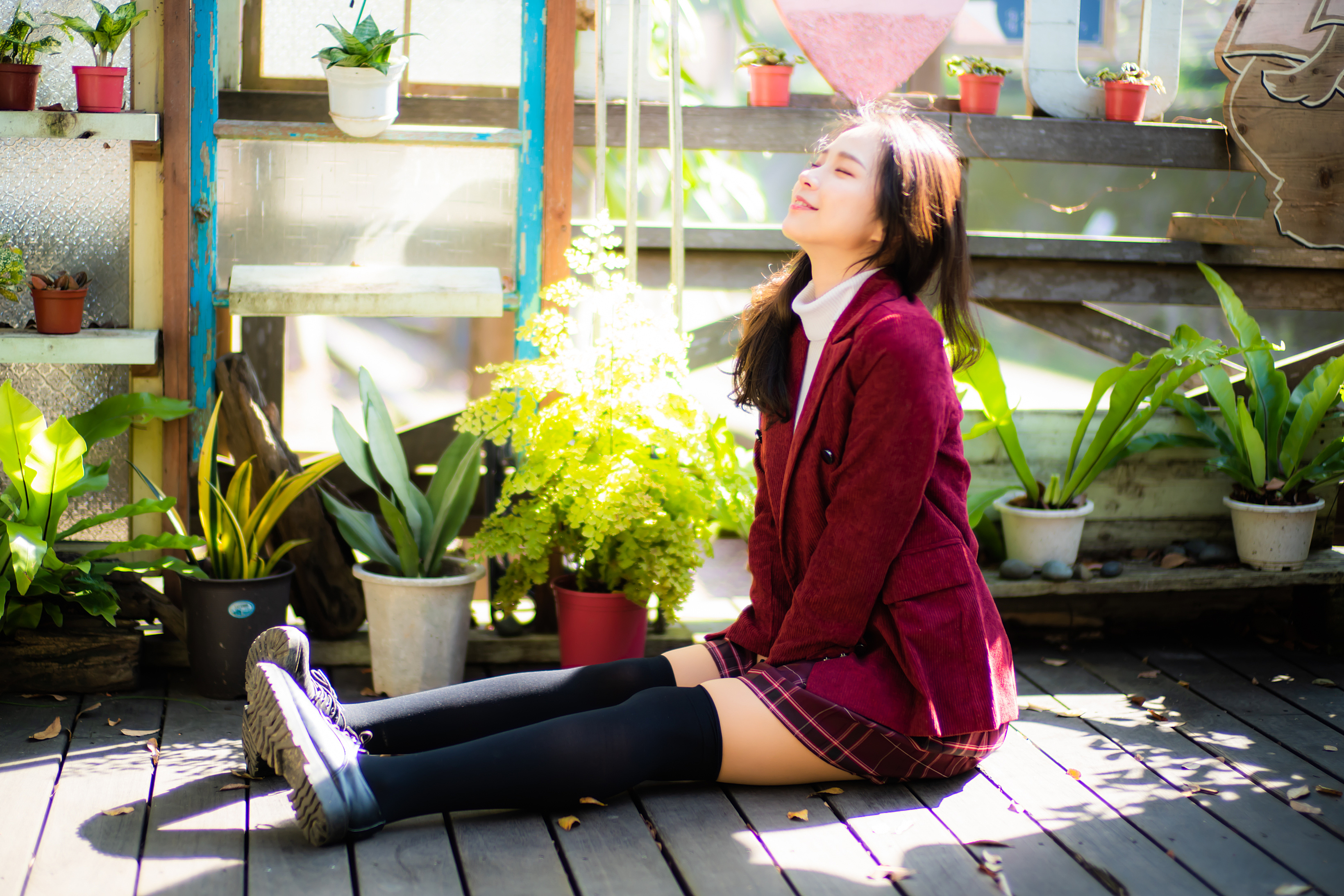 Asian Model Women Dark Hair Long Hair Sitting Knee High Socks Depth Of Field Plants Flowerpot 3280x2188