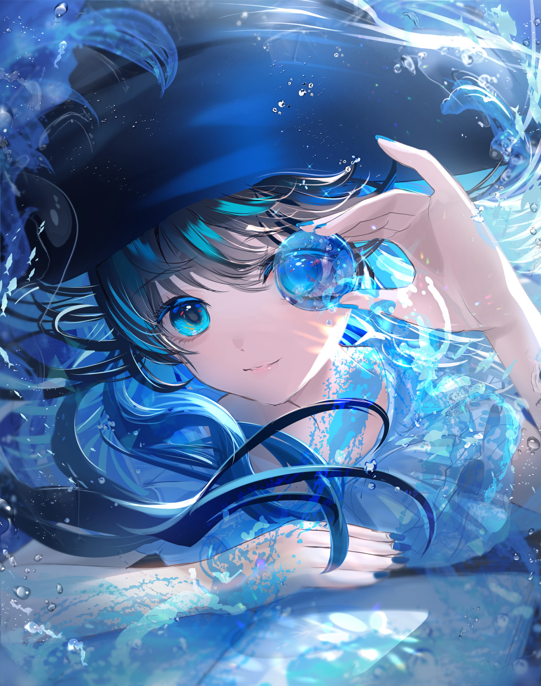 Anime Anime Girls Blue Hair Blue Eyes Portrait Display Smiling Looking At Viewer Long Hair Water