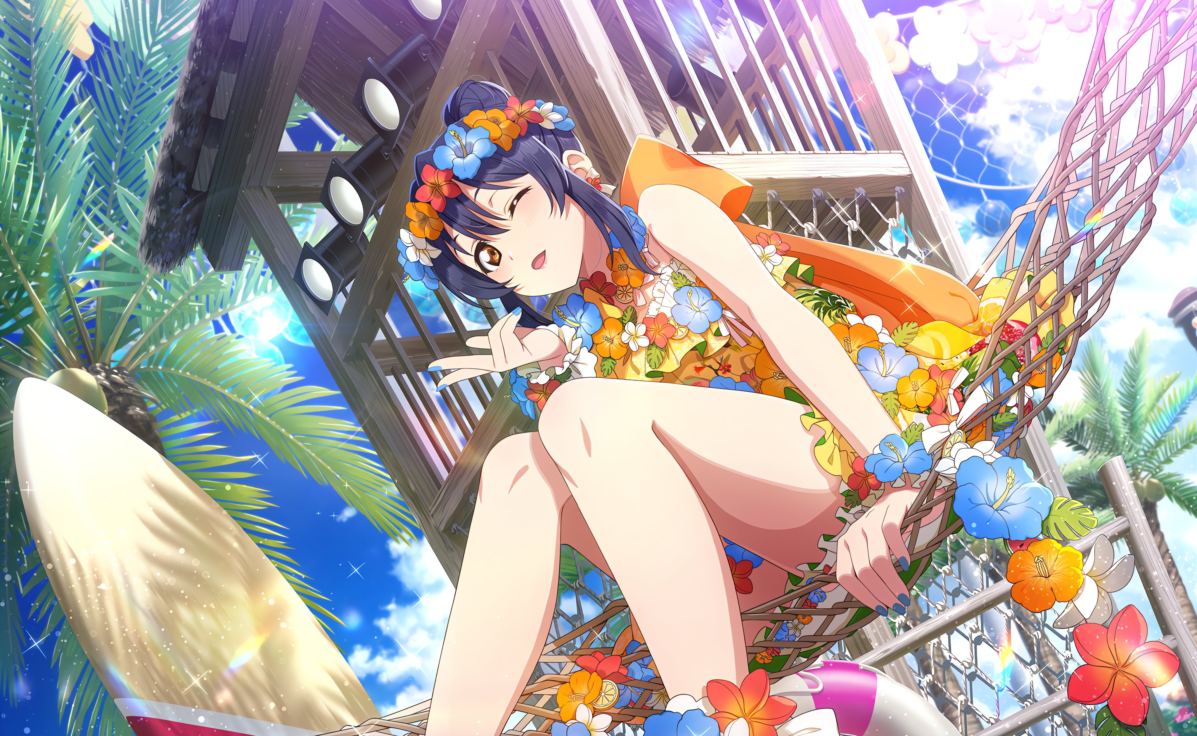 Love Live Anime Anime Girls One Eye Closed Wink Blushing Sunlight Hammocks Flowers Palm Trees Stars  4096x2520