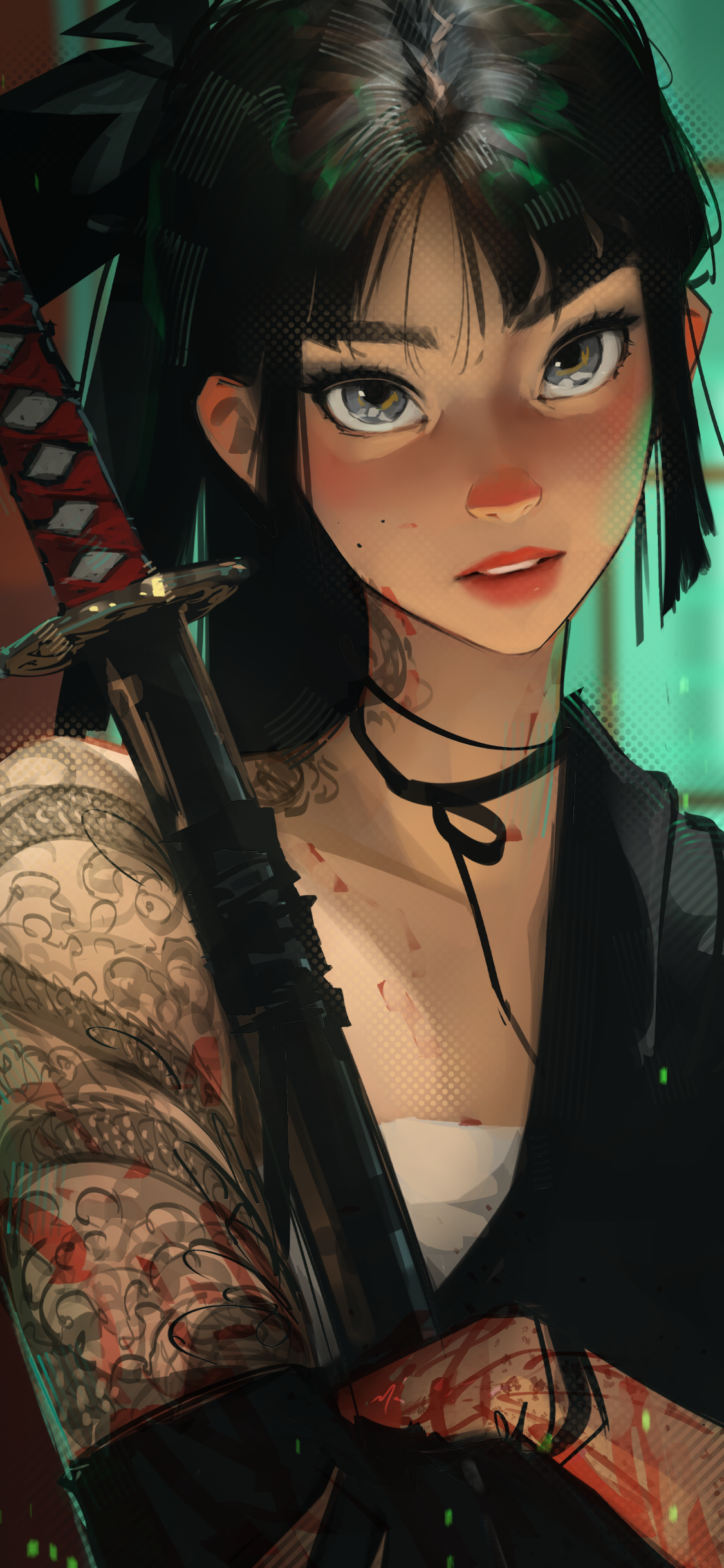 Sam Yang Digital Art Artwork Illustration Women Long Hair Dark Hair Katana Tattoo Looking At Viewer  1125x2436