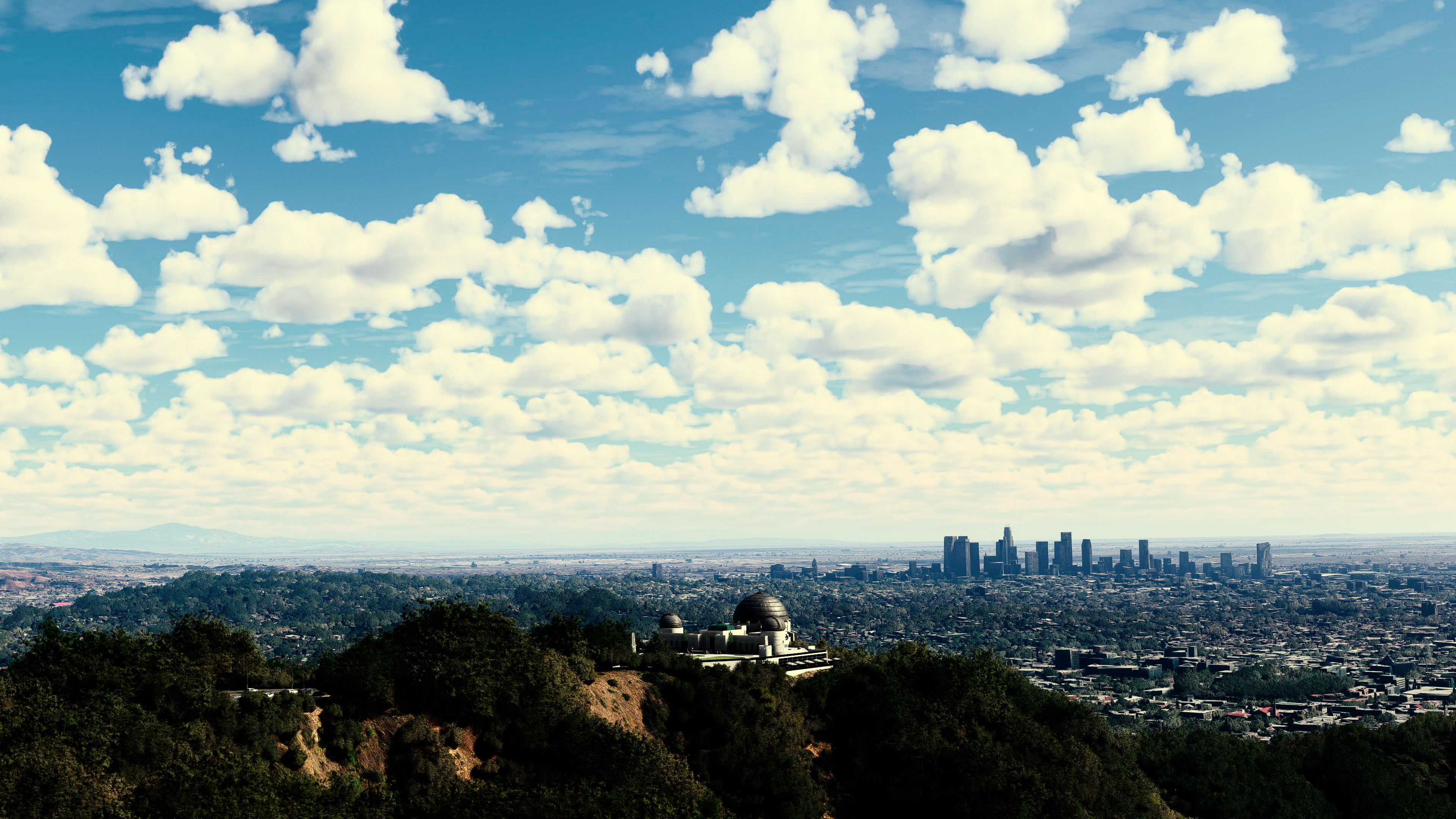 Griffith Observatory Flight Simulator City Sunset Los Angeles Sky Clouds Cityscape Video Games 3840x2160