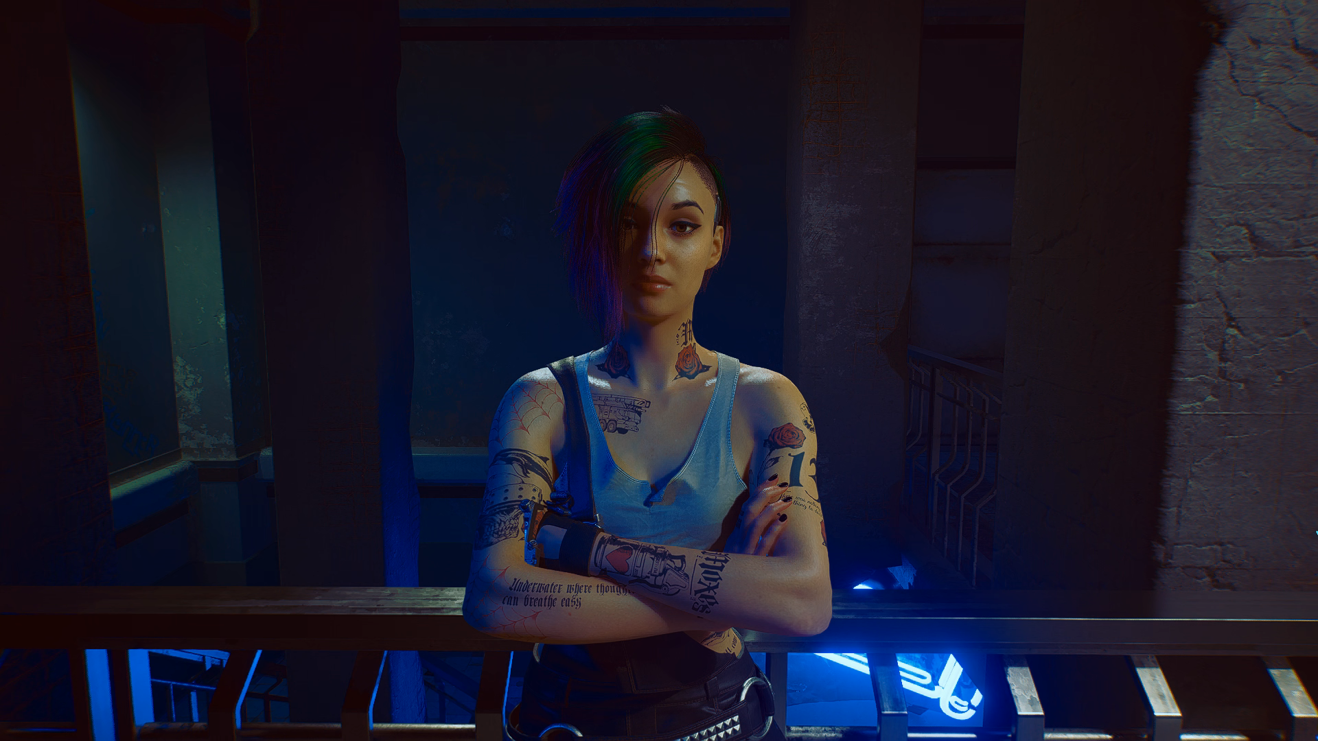 Cyberpunk 2077 Ray Tracing Judy Alvarez Blue Light Building Screen Shot Tattoo White Tank Top Black  1920x1080