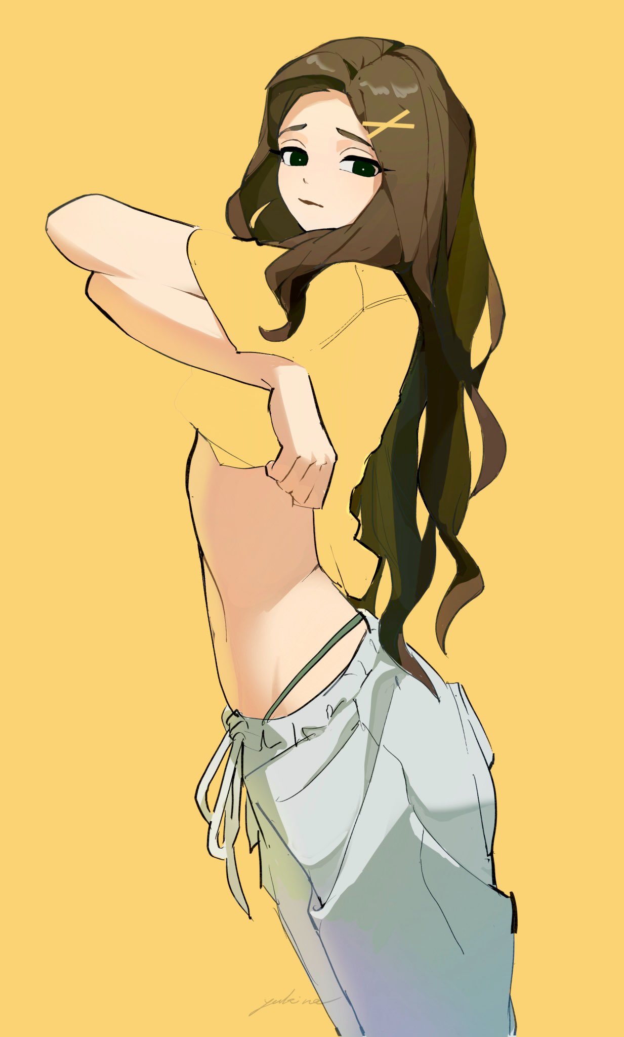 Anime Girls Sketches Minimalism Simple Background Long Hair Yellow Background Brunette Looking At Vi 1233x2048