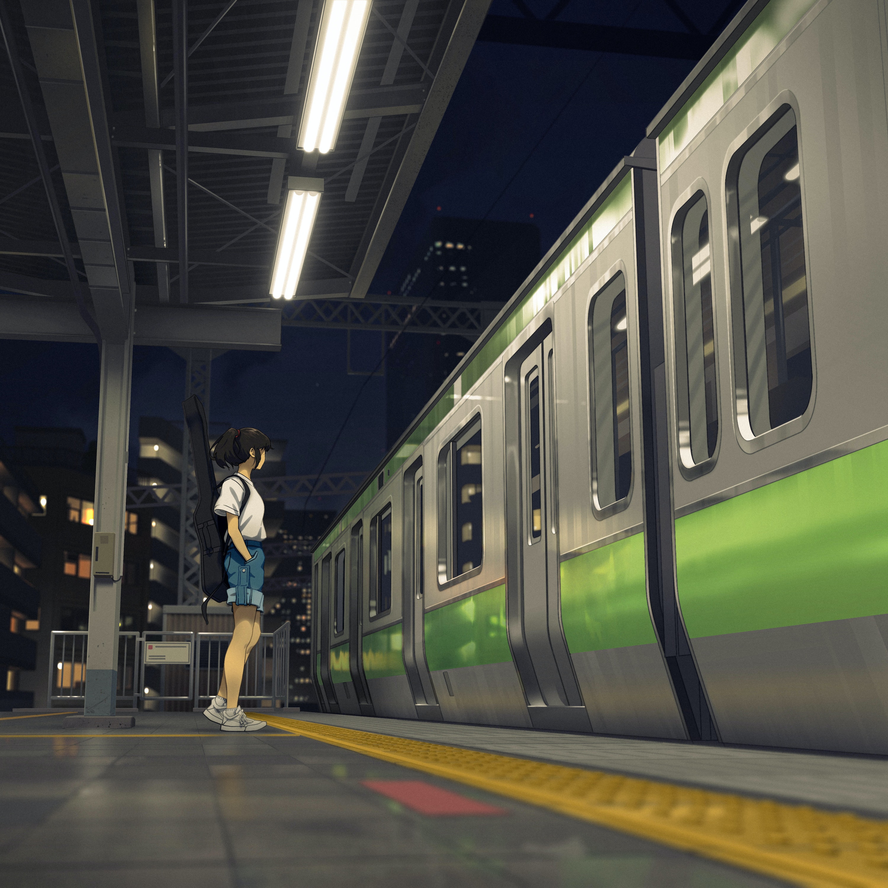 Bysau Digital Art Artwork Illustration Train Night Waiting Women Guitar Hands In Pockets Anime Girls 3000x3000