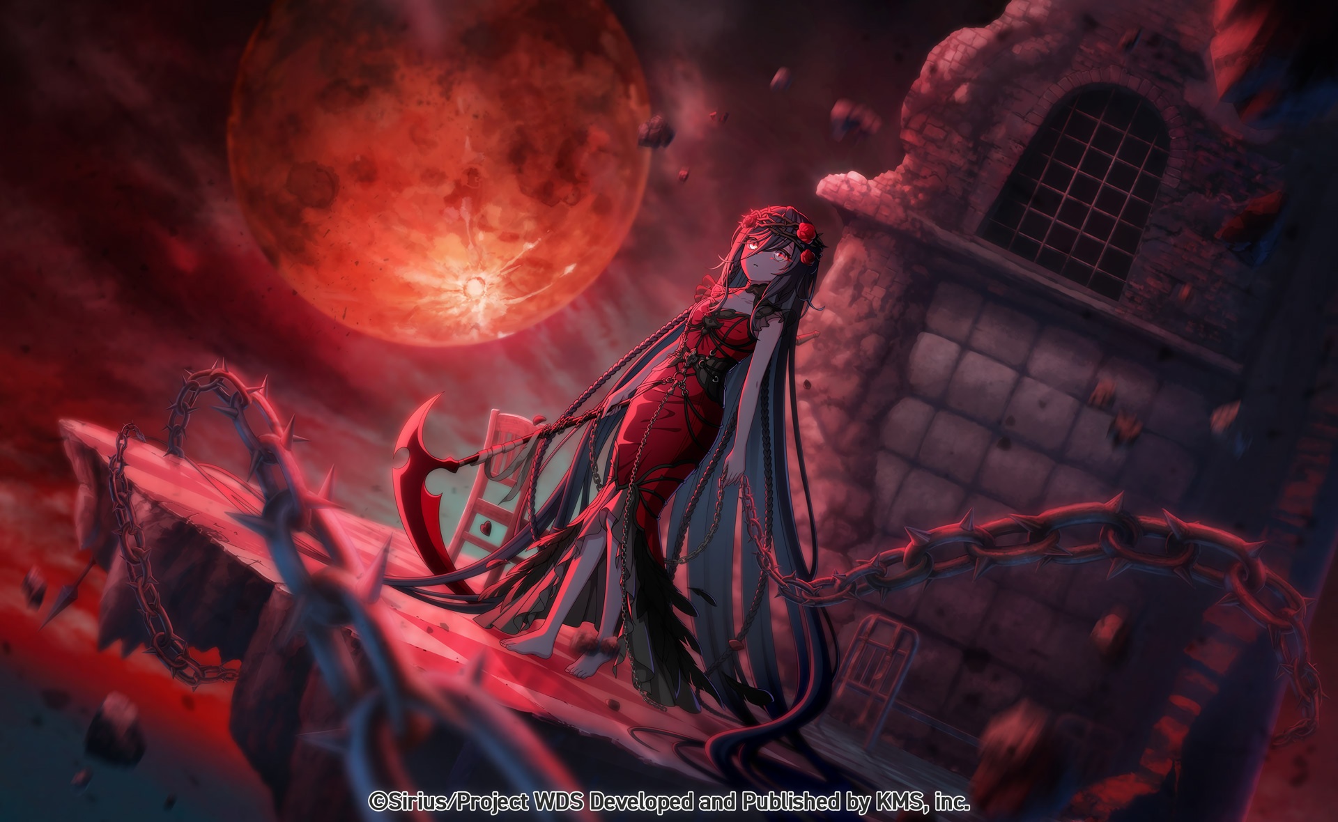 Anime Anime Girls Long Hair Watermarked Red Moon Moon Chains Debris Flower In Hair Dress Looking At  1920x1180