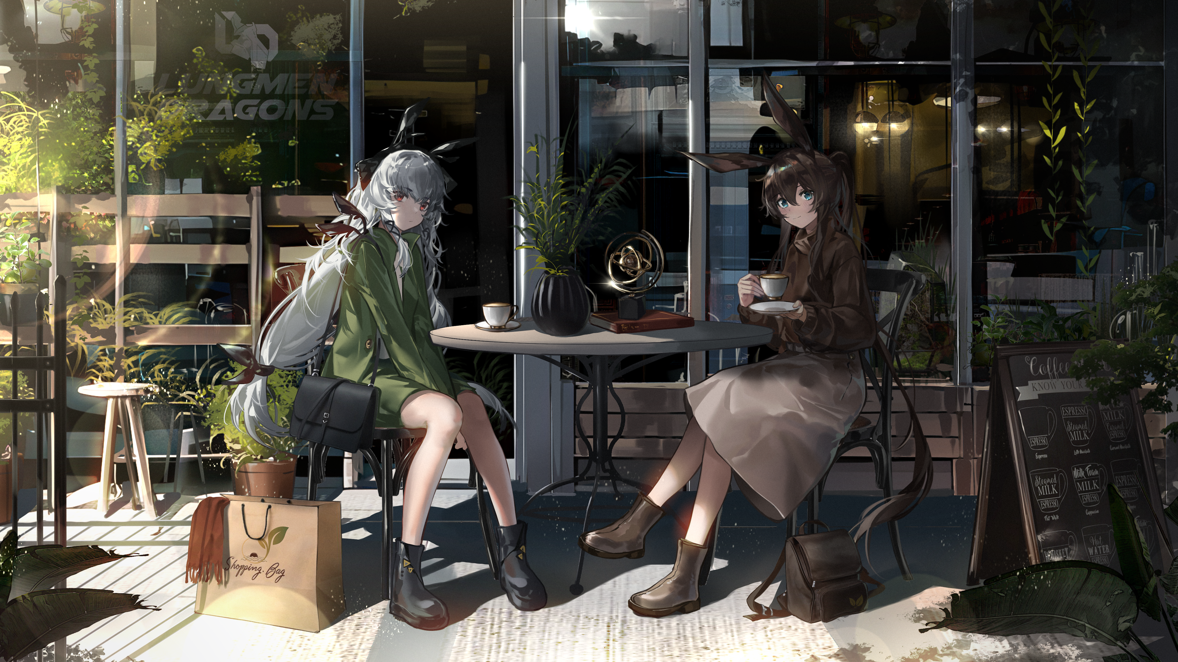 Anime Girls Artwork Digital Art Cat Girl Caffe Sitting Table Chair Looking At Viewer Window Bag Long 3840x2160