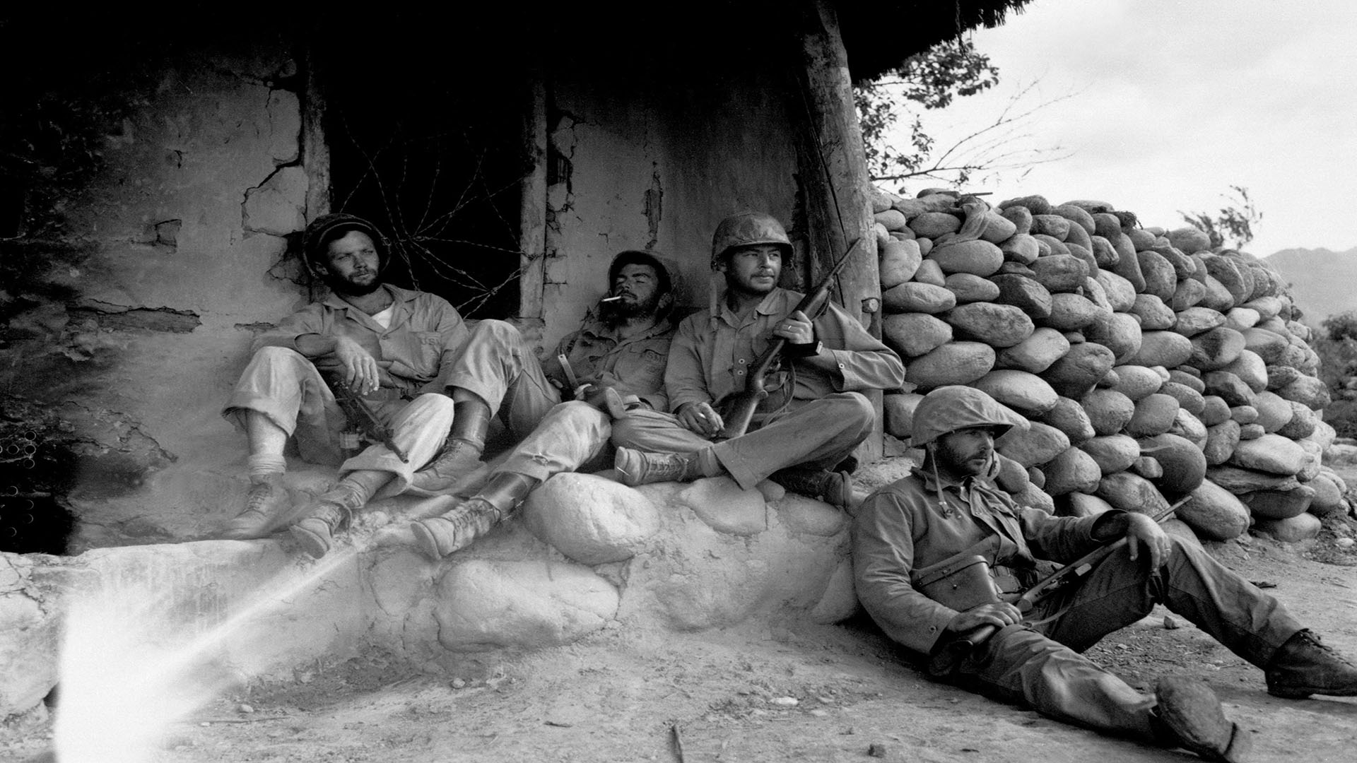 Korean War United States Marines Monochrome Men Soldier Helmet Gun Lying On Back War Rocks 1920x1080