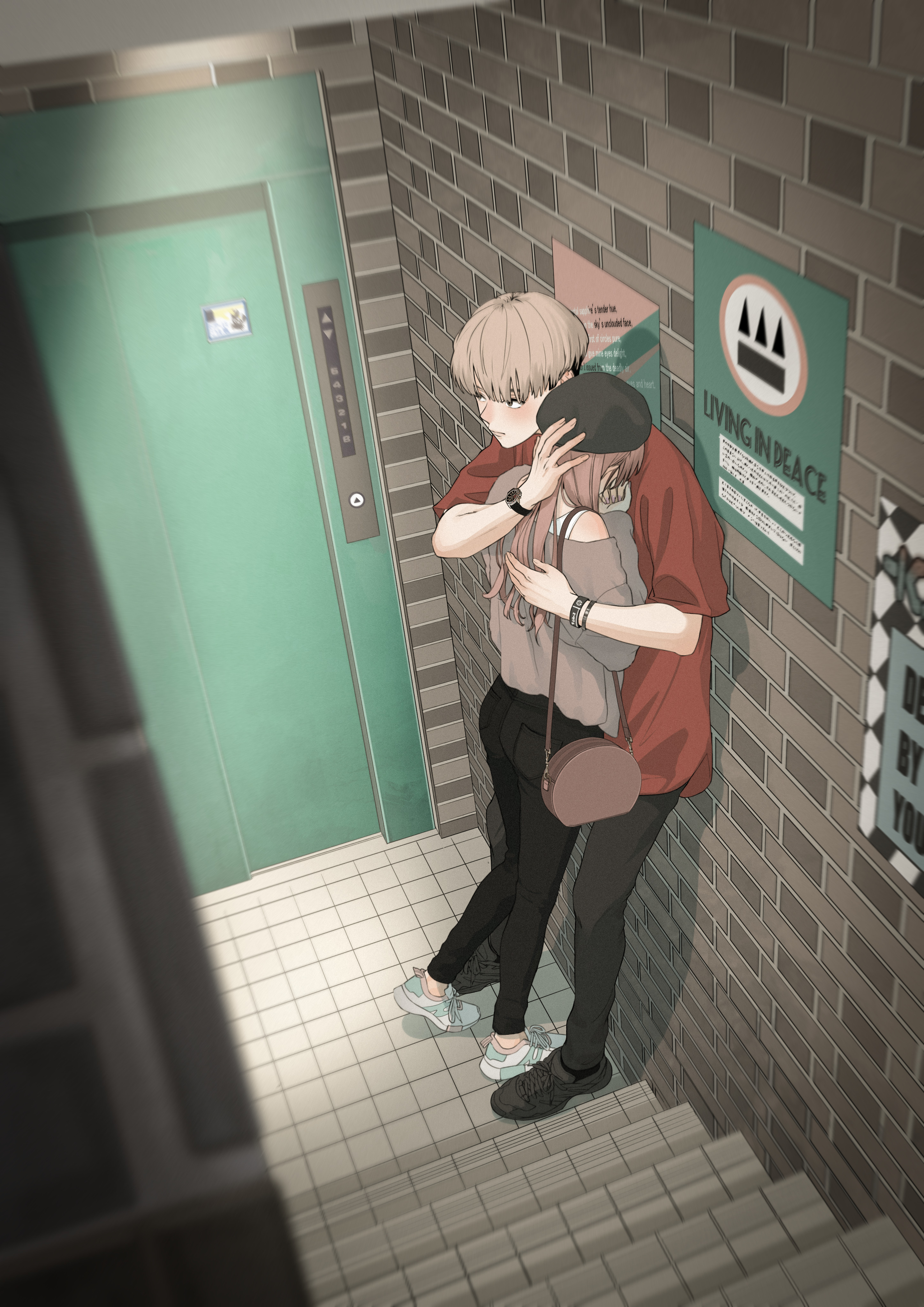 Anime Boys Anime Girls Anime Couple Women Long Hair Standing Stairs Elevator Hat Hugging Purse Shoes 2894x4093