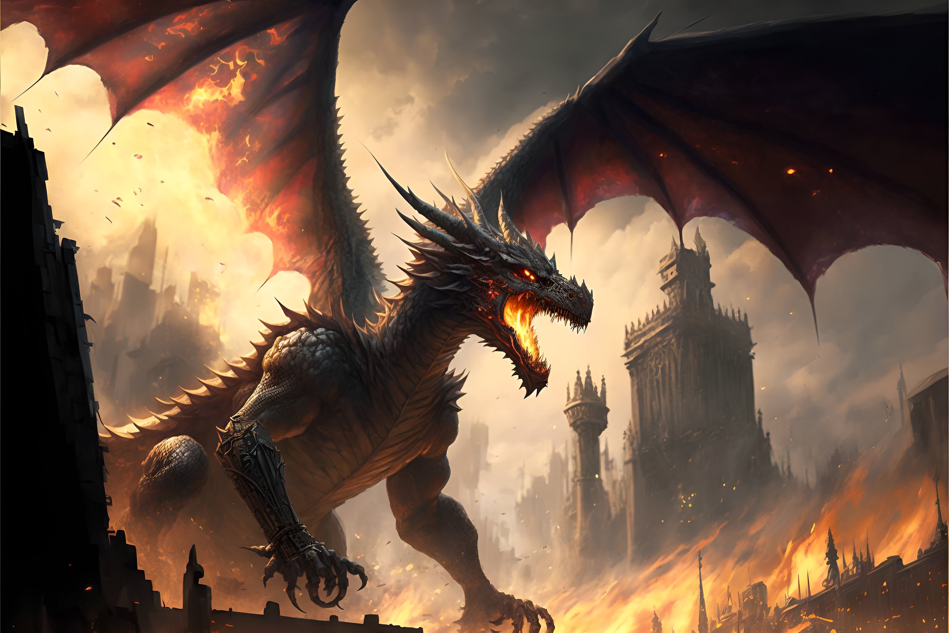 Ai Art Digital Art Medieval Dragon Castle Fire Battle Destruction Artwork Creature Fantasy Art Cybor 3072x2048