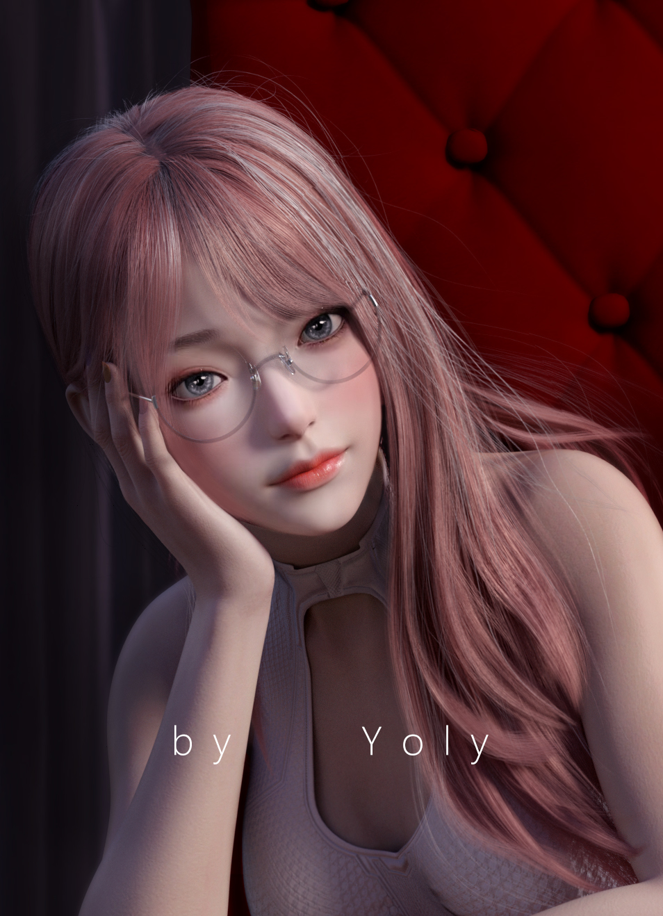 Yoly Digital Art Asian Glasses CGi Pink Hair Blue Eyes 954x1318