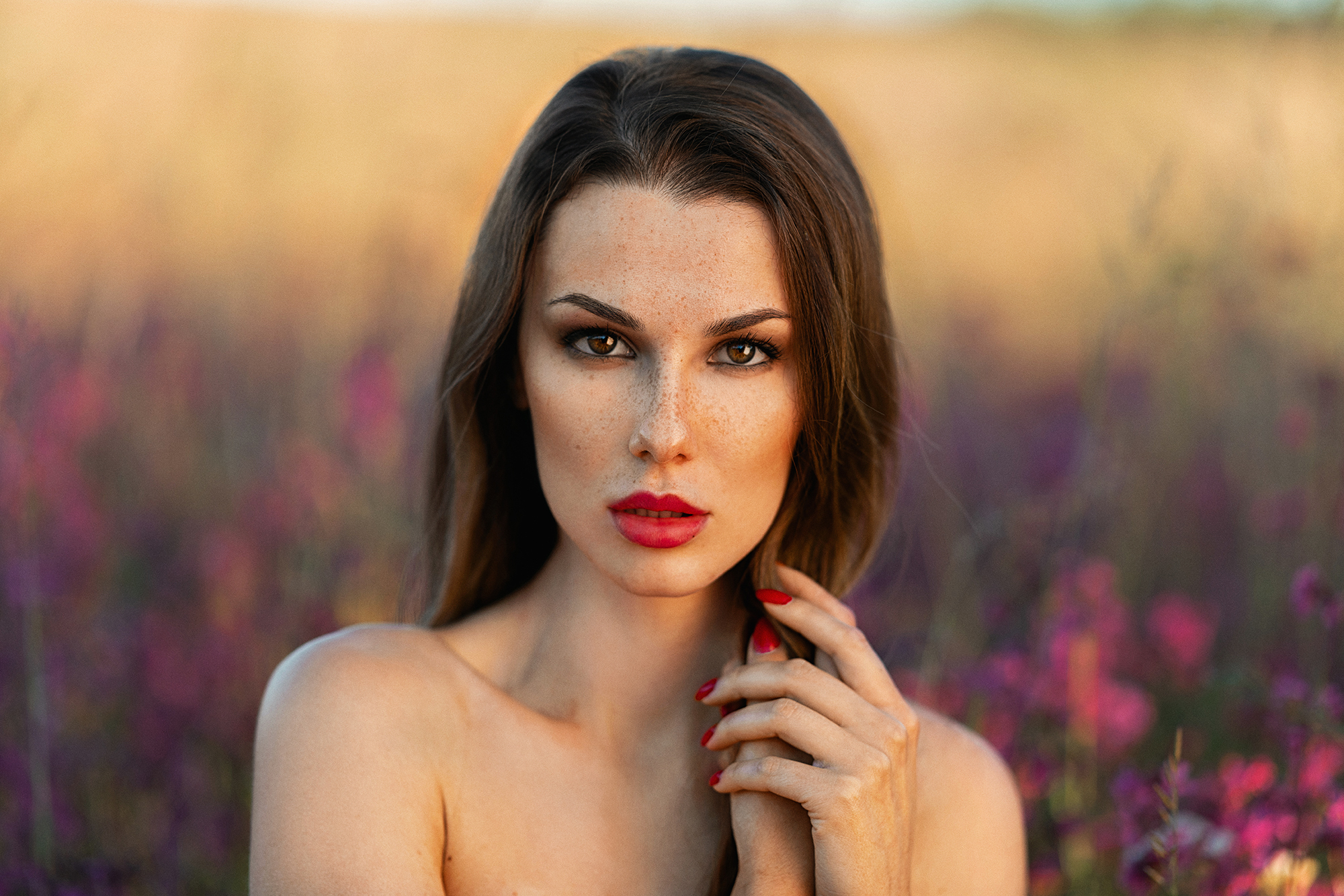 Women Kristina Fedorov Brunette Brown Eyes Freckles Red Lipstick Red Nails Field Lavender Portrait M 2000x1333