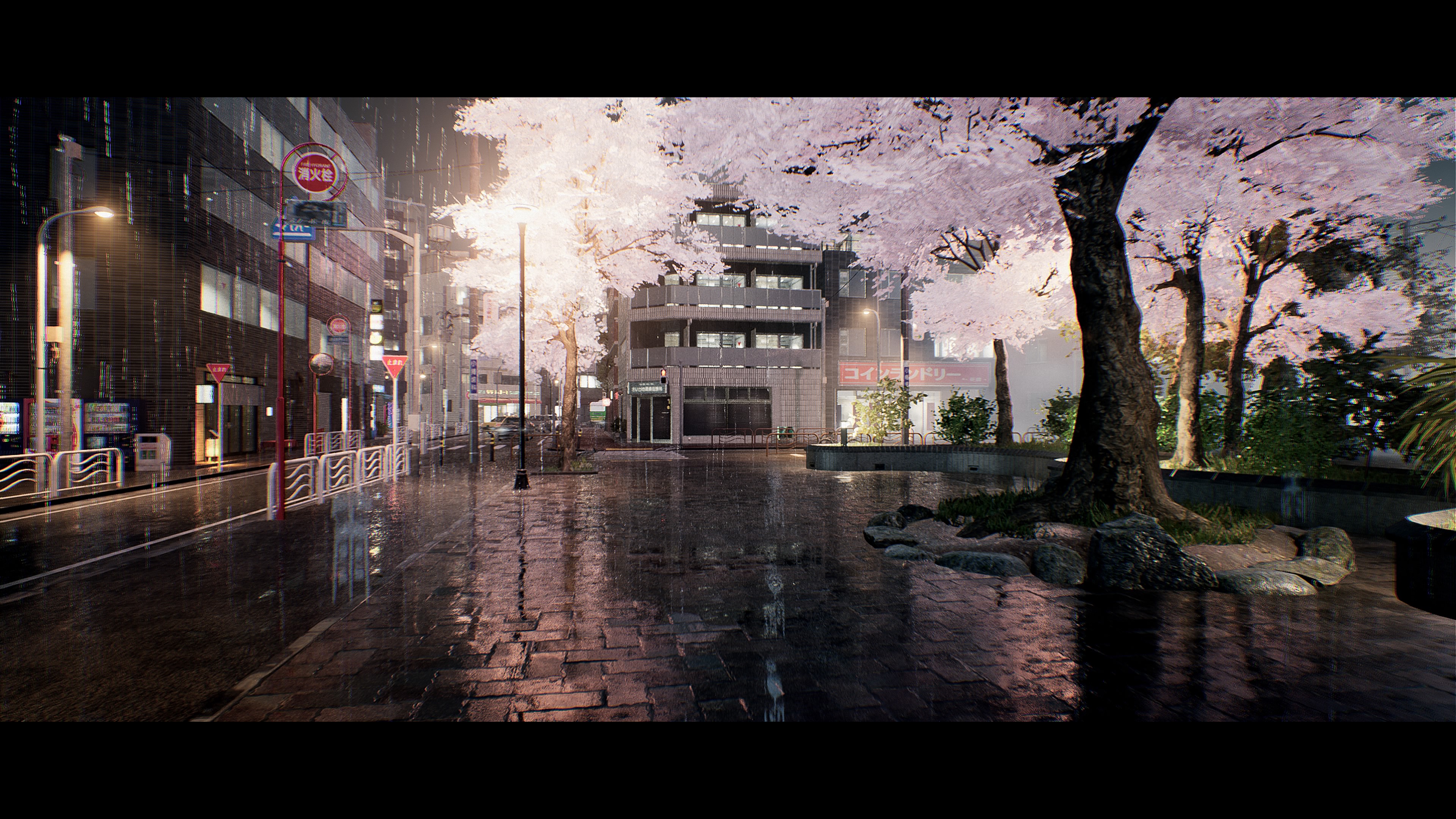 Ghostwire Wire Tokyo Ghostwire Video Games Screen Shot Shibuya Cherry Trees CGi Trees Rain Street St 3840x2160