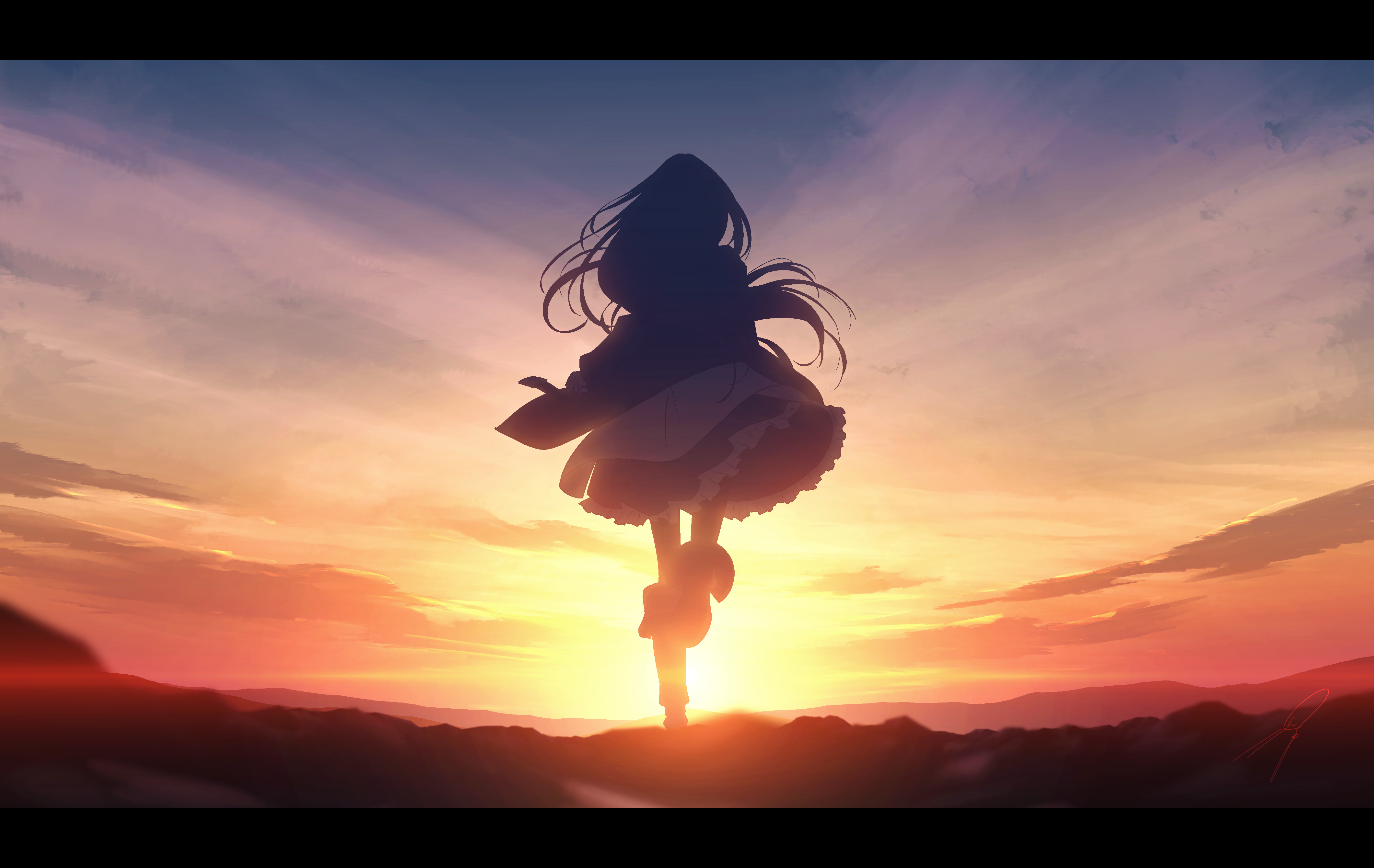 Anime Anime Girls Sunset Sky Clouds Long Hair Dress Backlighting Nengoro 4240x2680