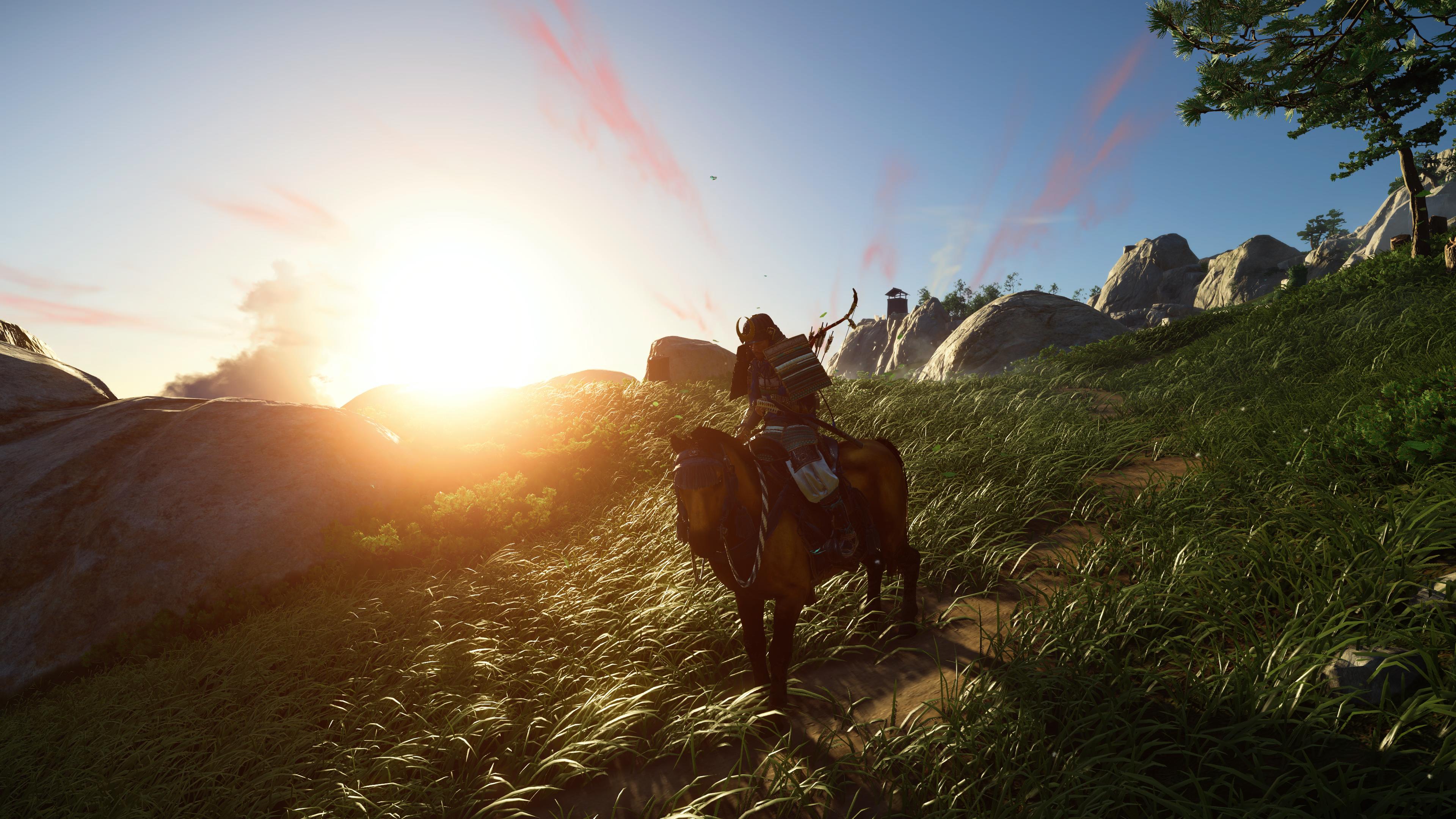 Ghost Of Tsushima PlayStation Screen Shot Horse Samurai Sunset Sunset Glow Sky Clouds Video Games Ro 3840x2160