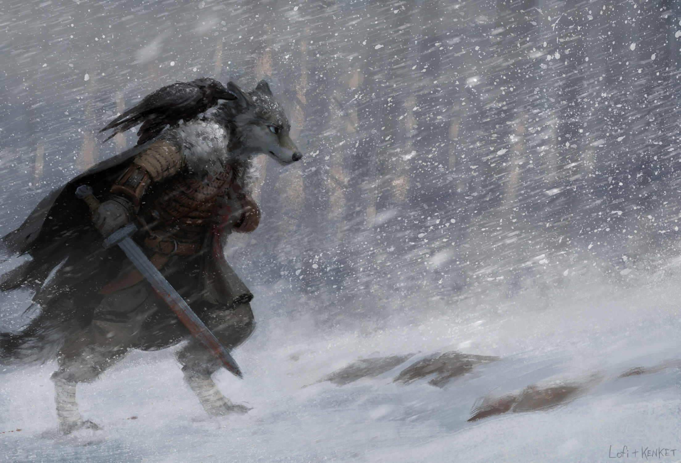 Furry Warrior Snow LoFi Kenket Sword Armor Wolf Crow Animals Anthro 2208x1500