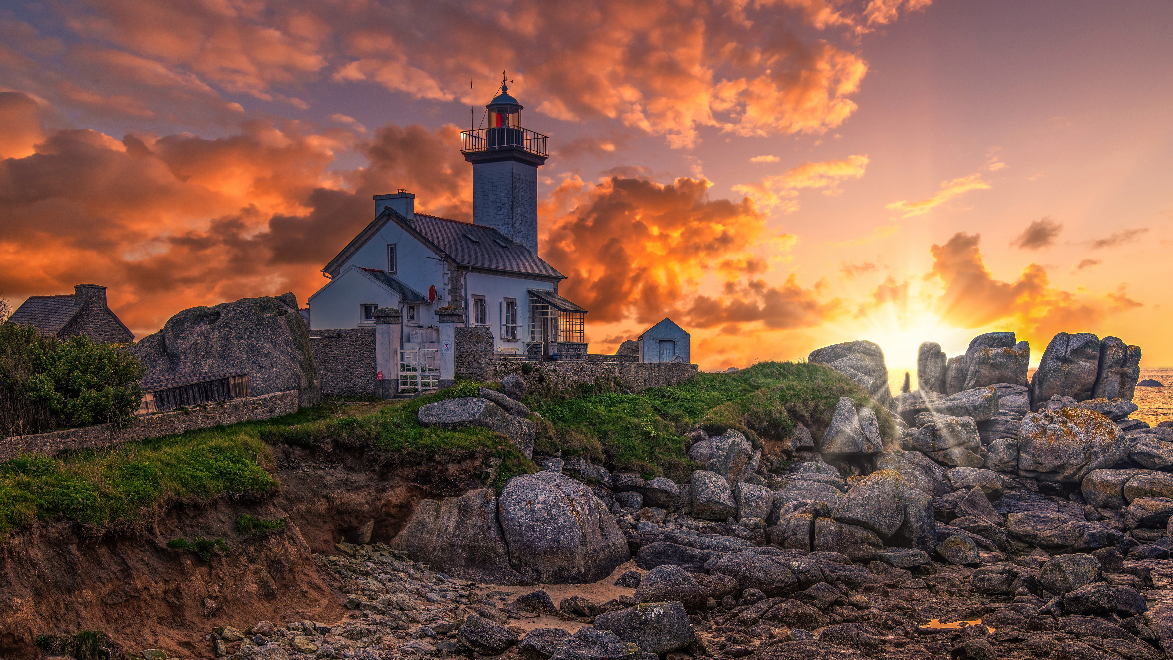 France Lighthouse Sky Nature Coast Stones Clouds Sunset Rocks 3840x2160