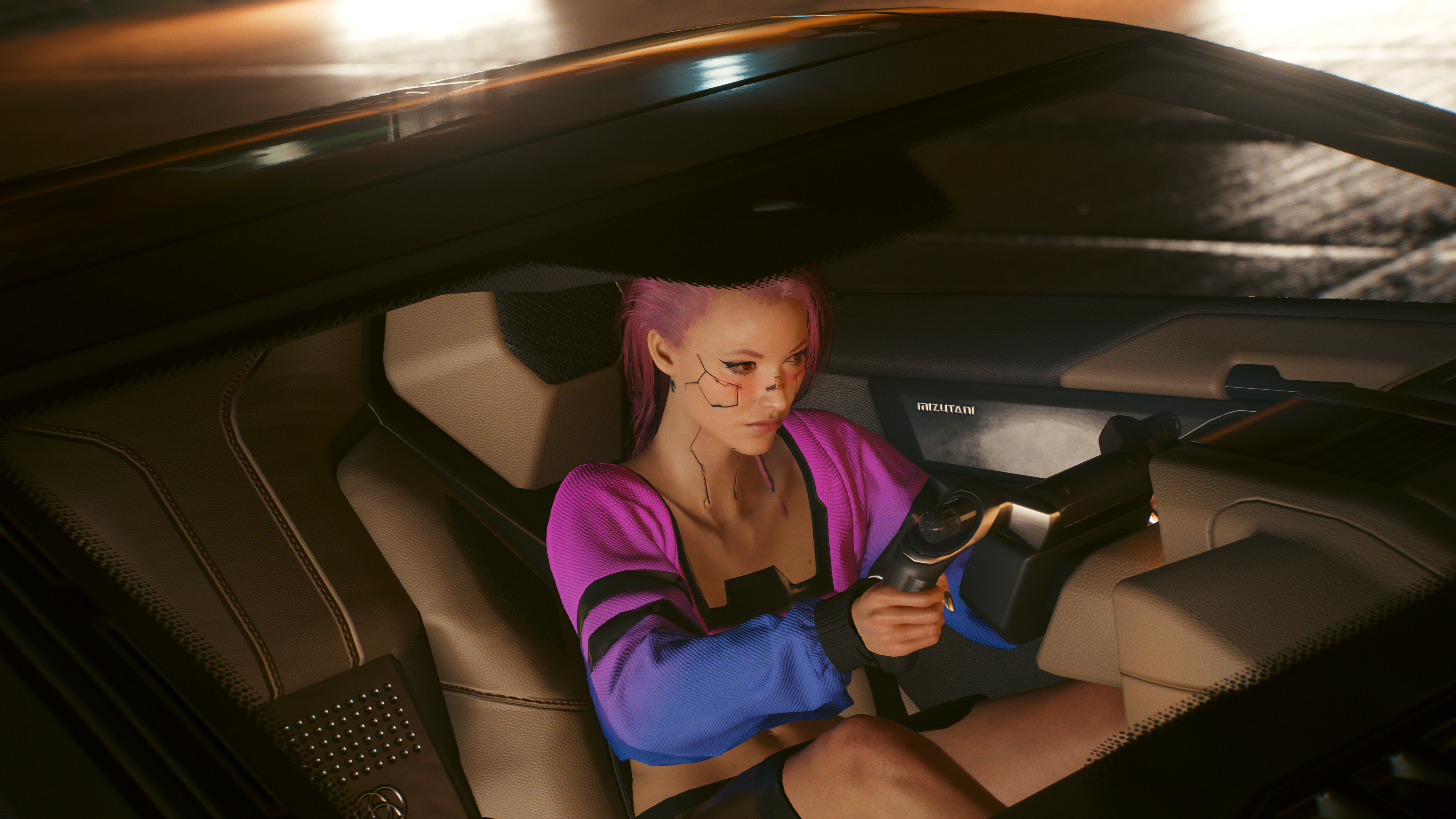 Cyberpunk 2077 CGi Video Game Characters Car Interior Steering Wheel Video Game Girls Sitting Video  3840x2160