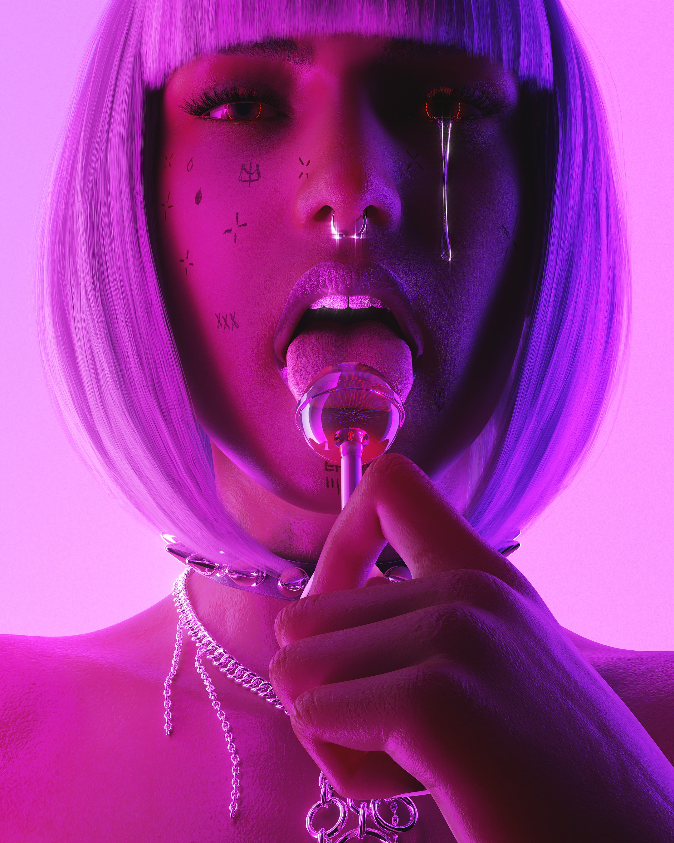 Yuga Digital Art Artwork Illustration Women Portrait Teardrop Lollipop Short Hair Tattoo Tongue Out 2160x2700