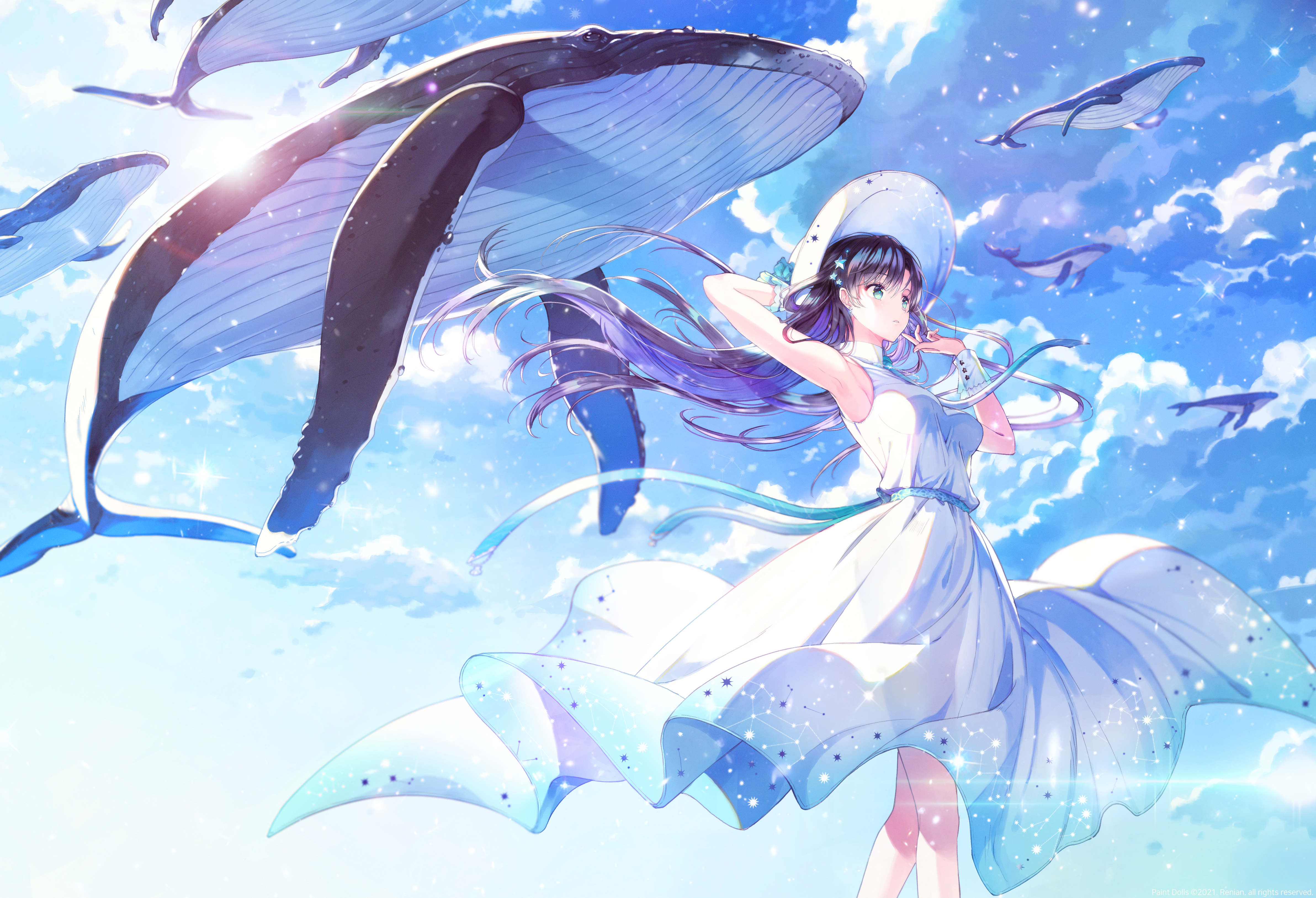 Rednian Flying Whales Anime Girls Looking Away White Dress Purple Hair Hair Ornament White Hat Hat W 4768x3252