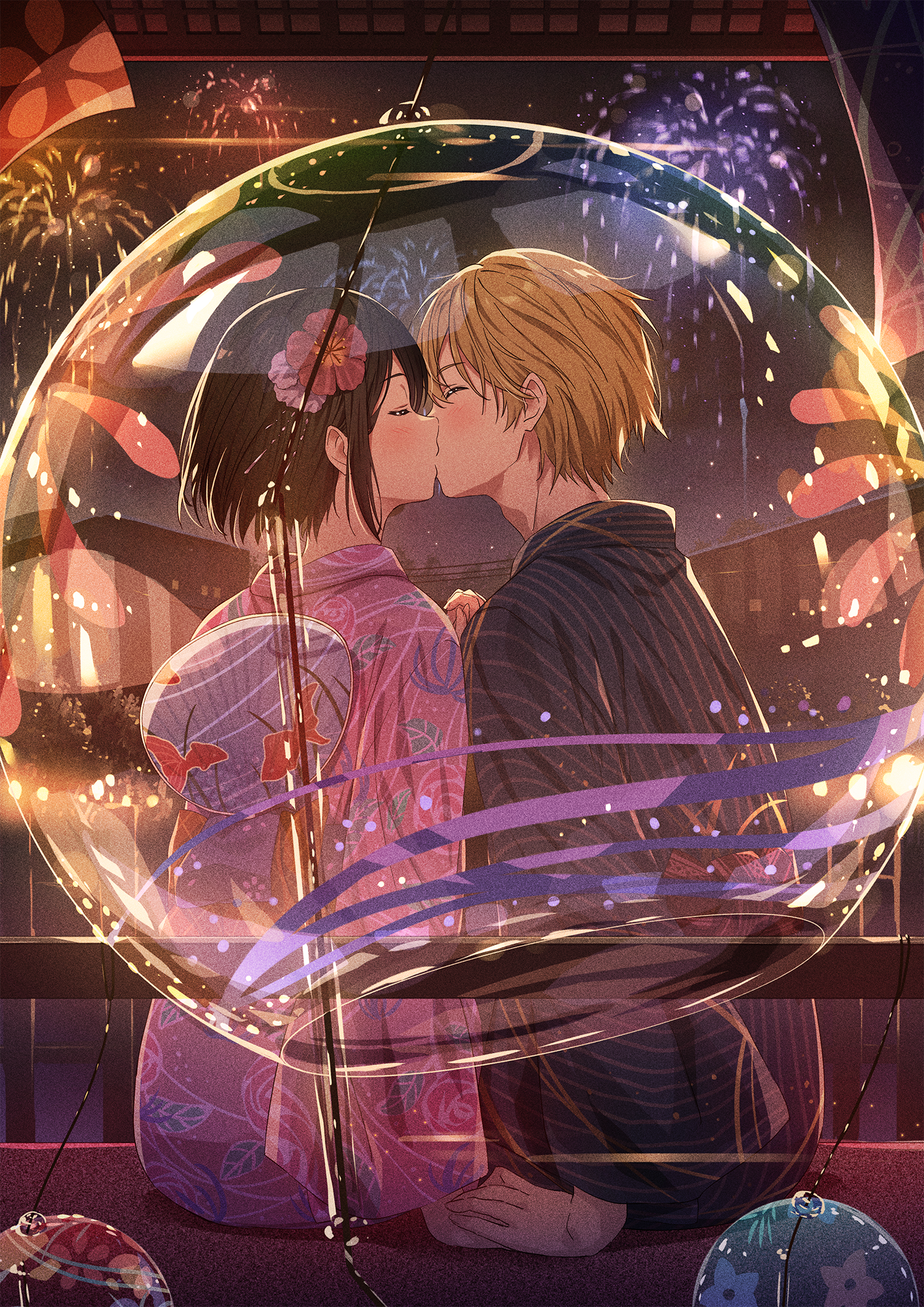 Narumi Nanami Fireworks Anime Girls Anime Boys Kissing Closed Eyes Blushing Hair Ornament Brunette B 1414x2000
