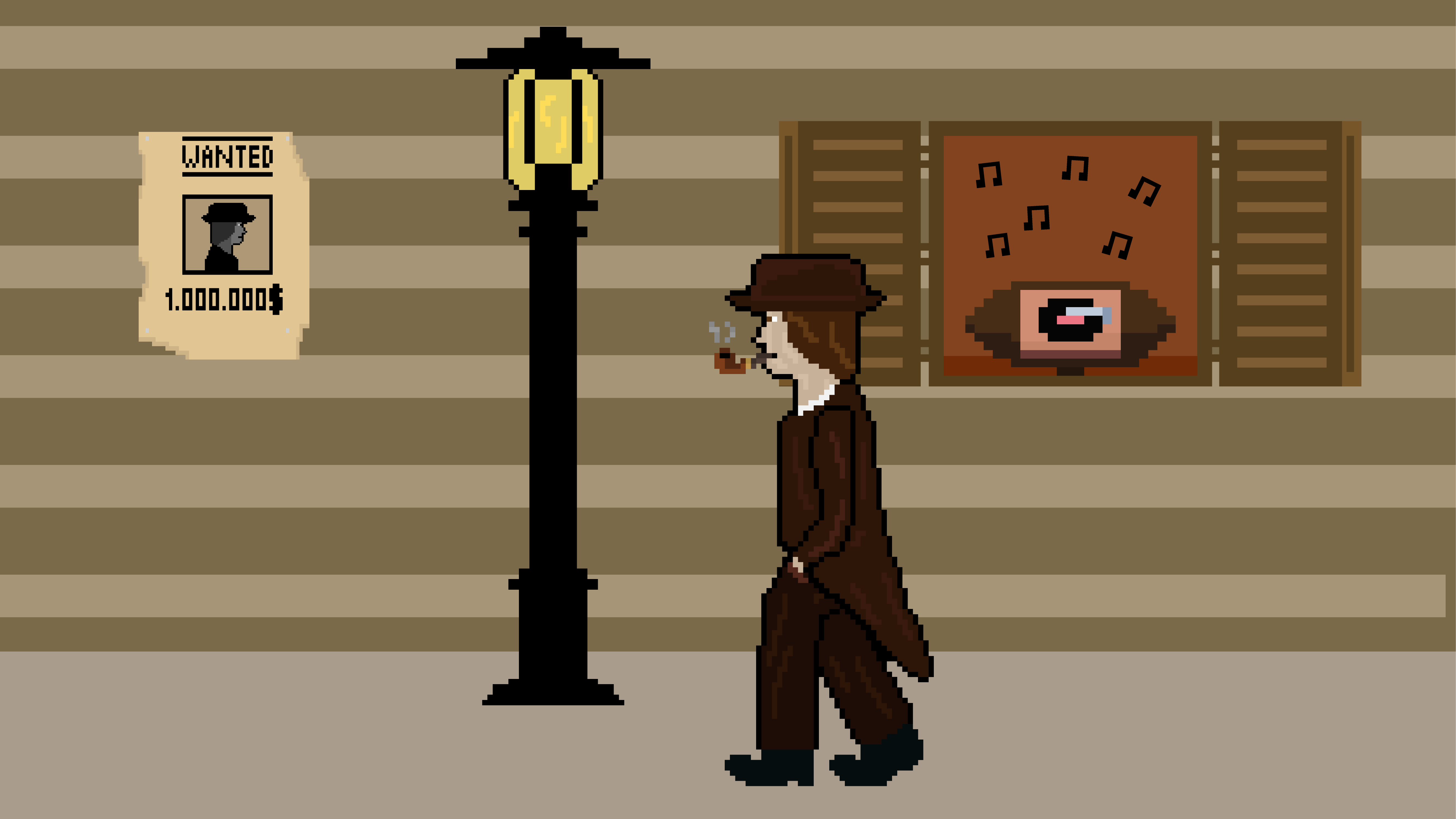Music Wanted Pixel Art Old Fashion Smoking Pixels Men Walking Humor Pipes Lamp Video Game Art 5334x3000