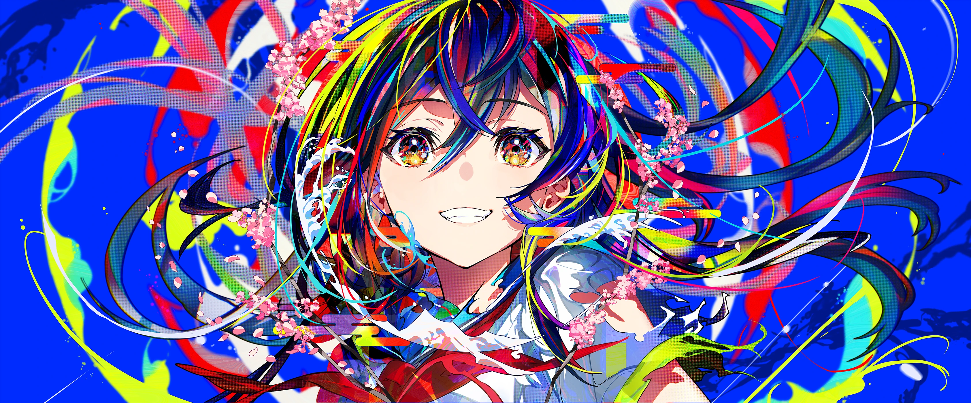 Mika Pikazo Digital Art Artwork Illustration Women Anime Girls Colorful Multi Colored Hair Multi Col 3369x1400