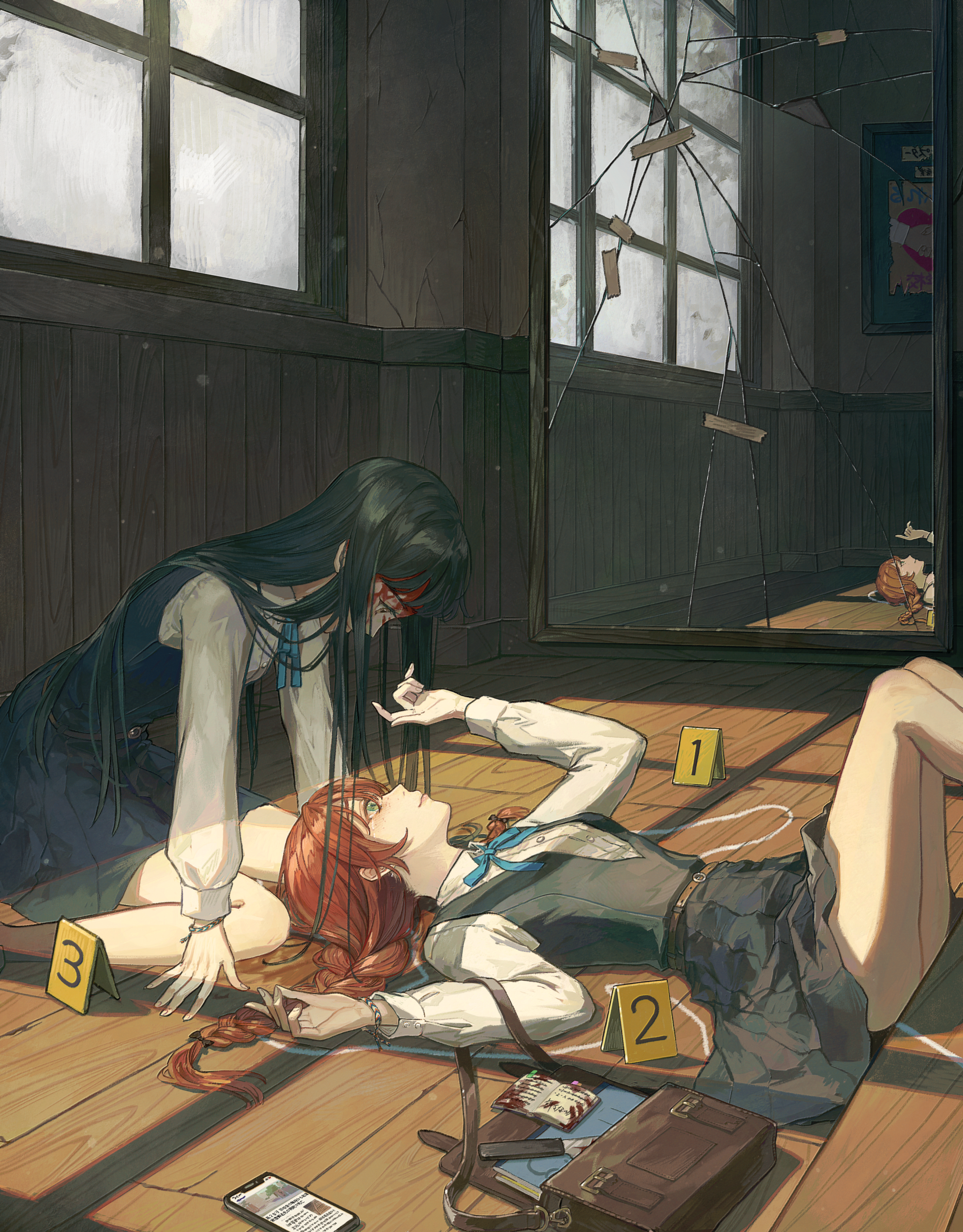 Anime Anime Girls Lying Down Lying On Back Schoolgirl School Uniform Window Broken Glass Mirror Refl 2774x3547