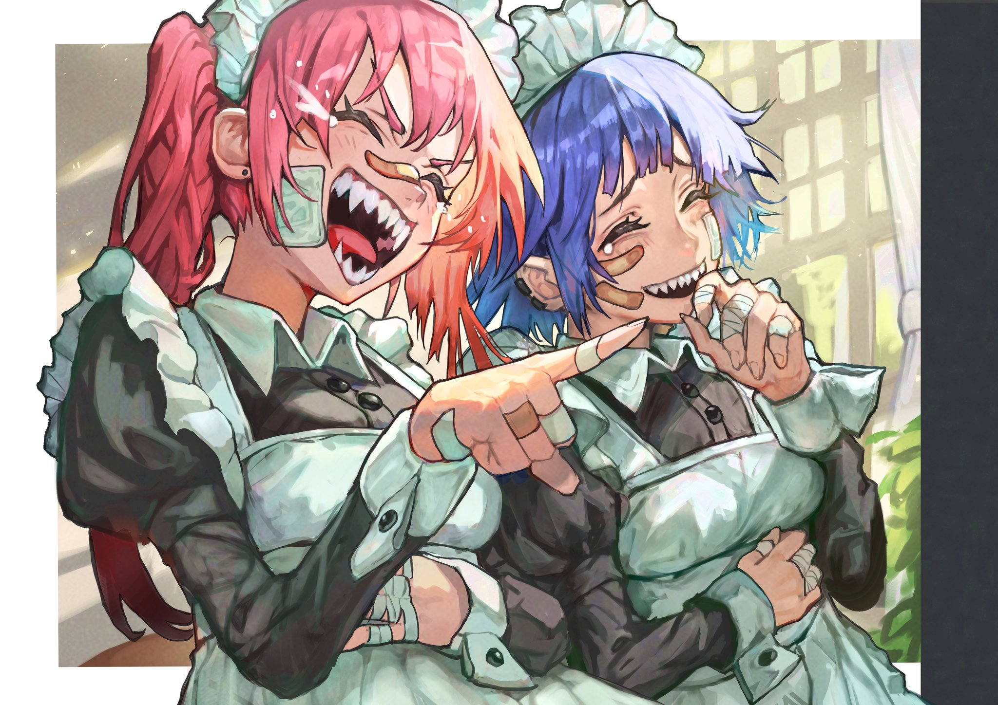Maid Finger Pointing Laughing Plaster Pointy Teeth Pink Hair Blue Hair Crying Pierced Ear Band Aid A 2048x1448