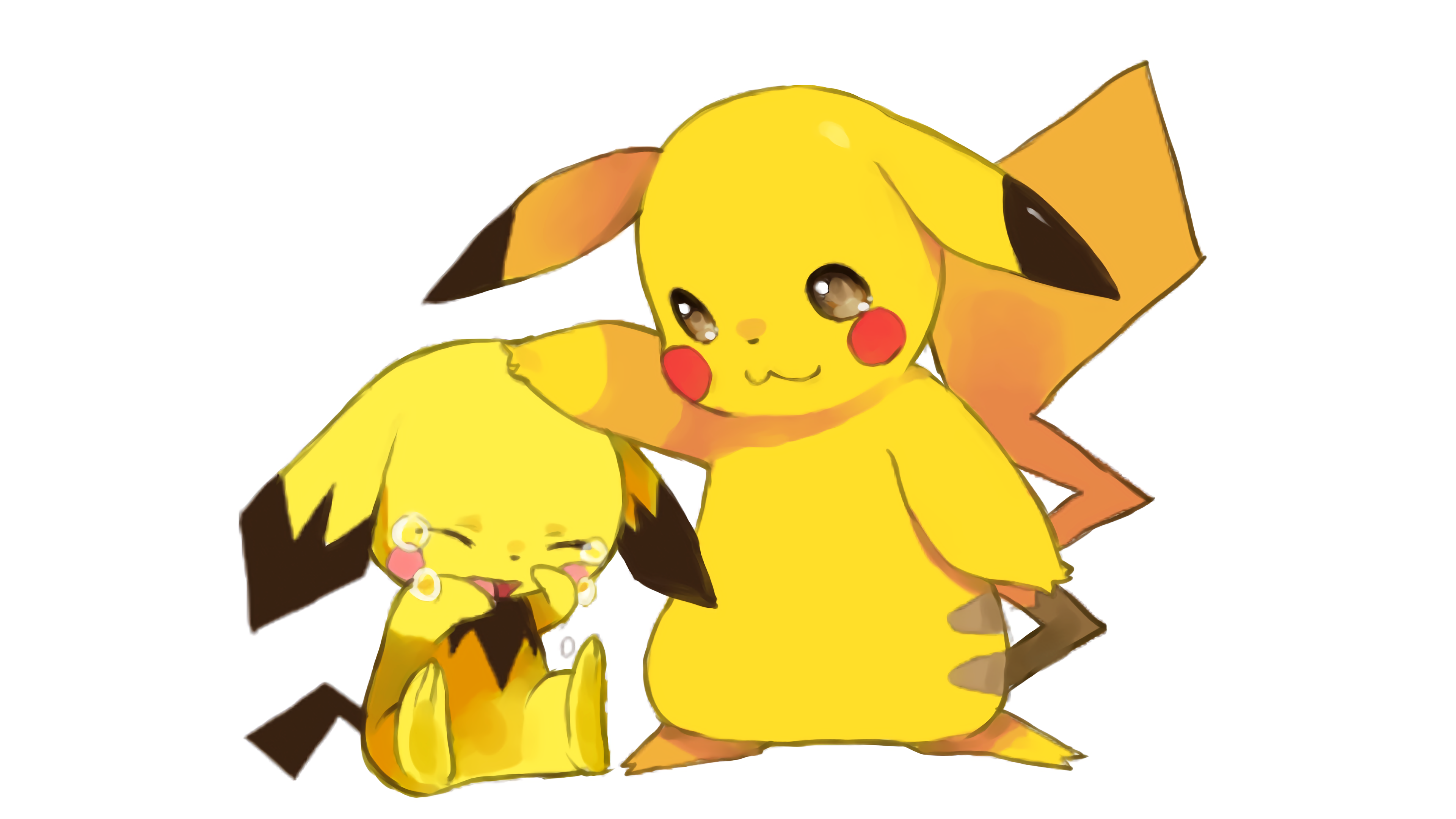 Pokemon Yellow White Background Tears Crying Pichu Pikachu Nintendo Smile Smiling Sitting Standing S 3840x2160