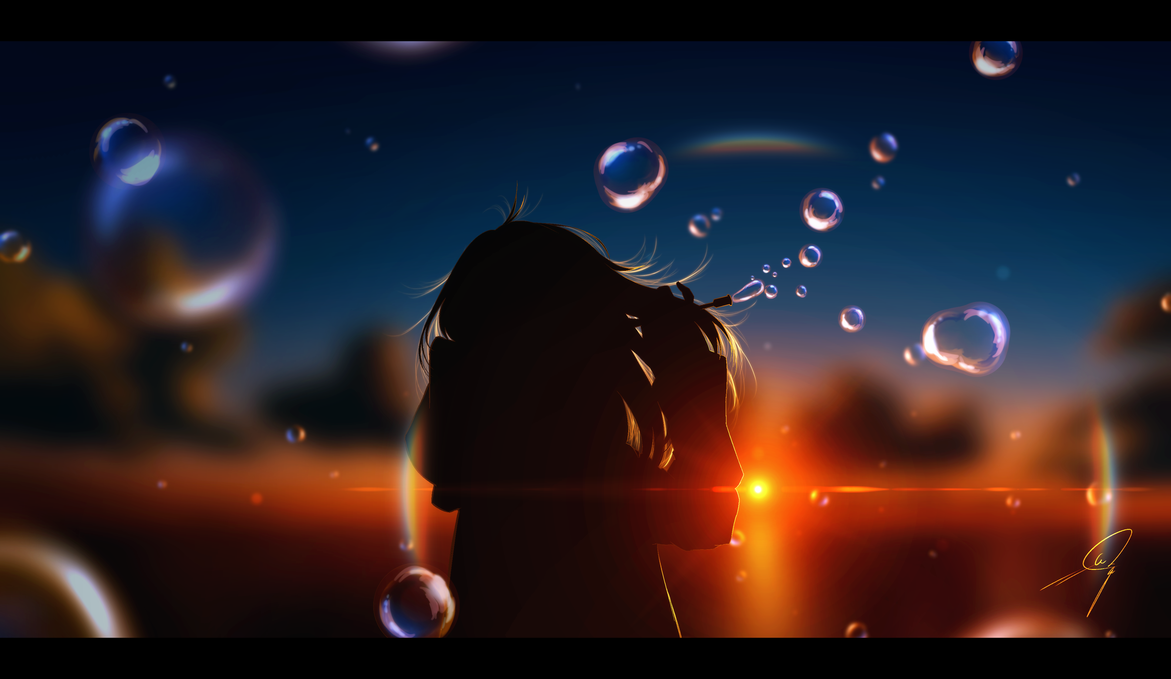 Anime Girls Anime Sky Sunset Sunset Glow Anime Bubbles Backlighting Nengoro Long Hair 3860x2240