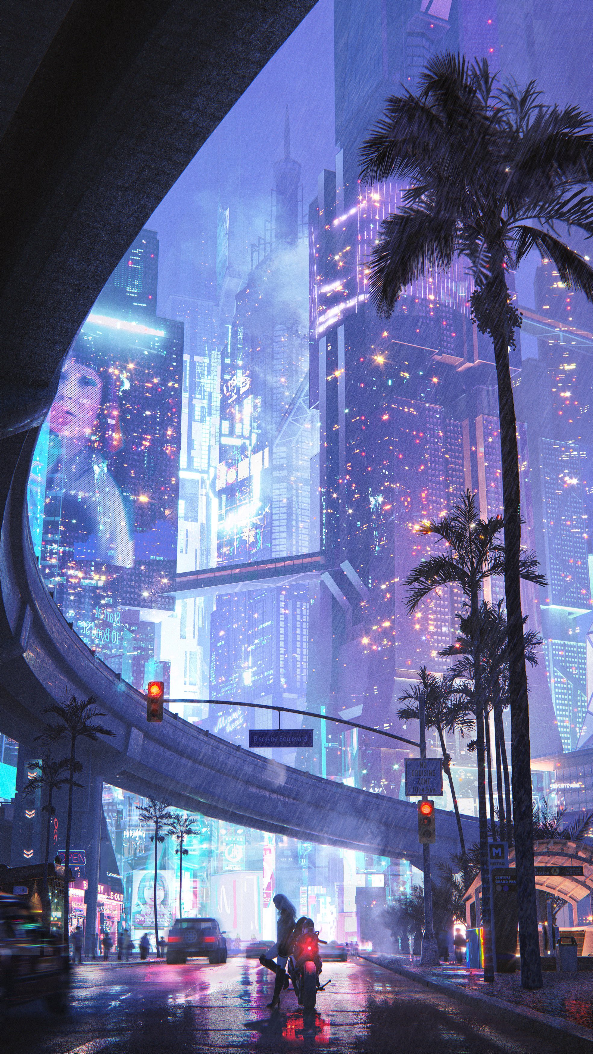 City Cyberpunk Science Fiction Neon Artwork Night City Lights Digital Art Building Palm Trees Bridge 1969x3500