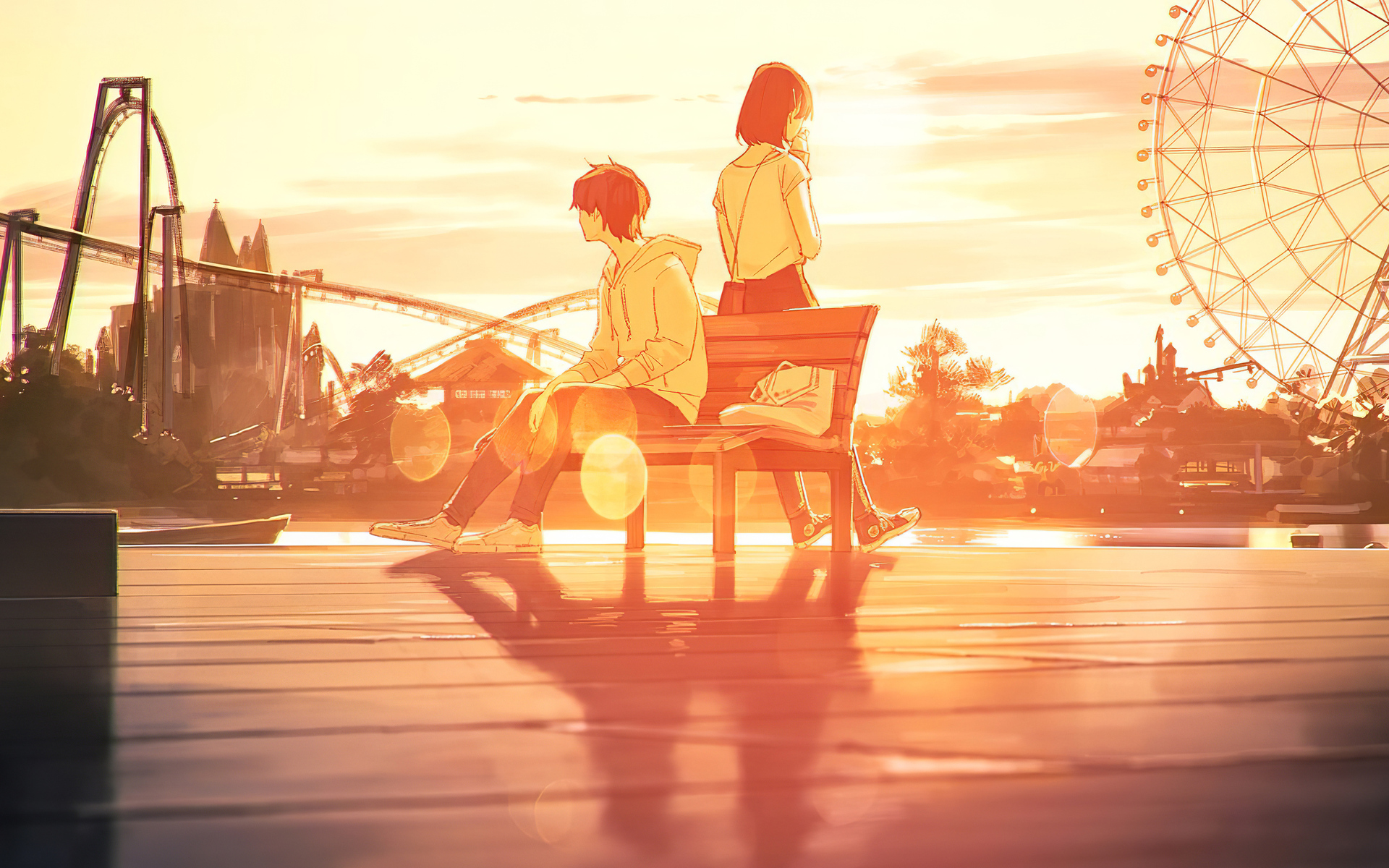 Anime Girls Anime Boys Couple Sunset Theme Parks Ferris Wheel Sunset Glow Bench 1920x1200
