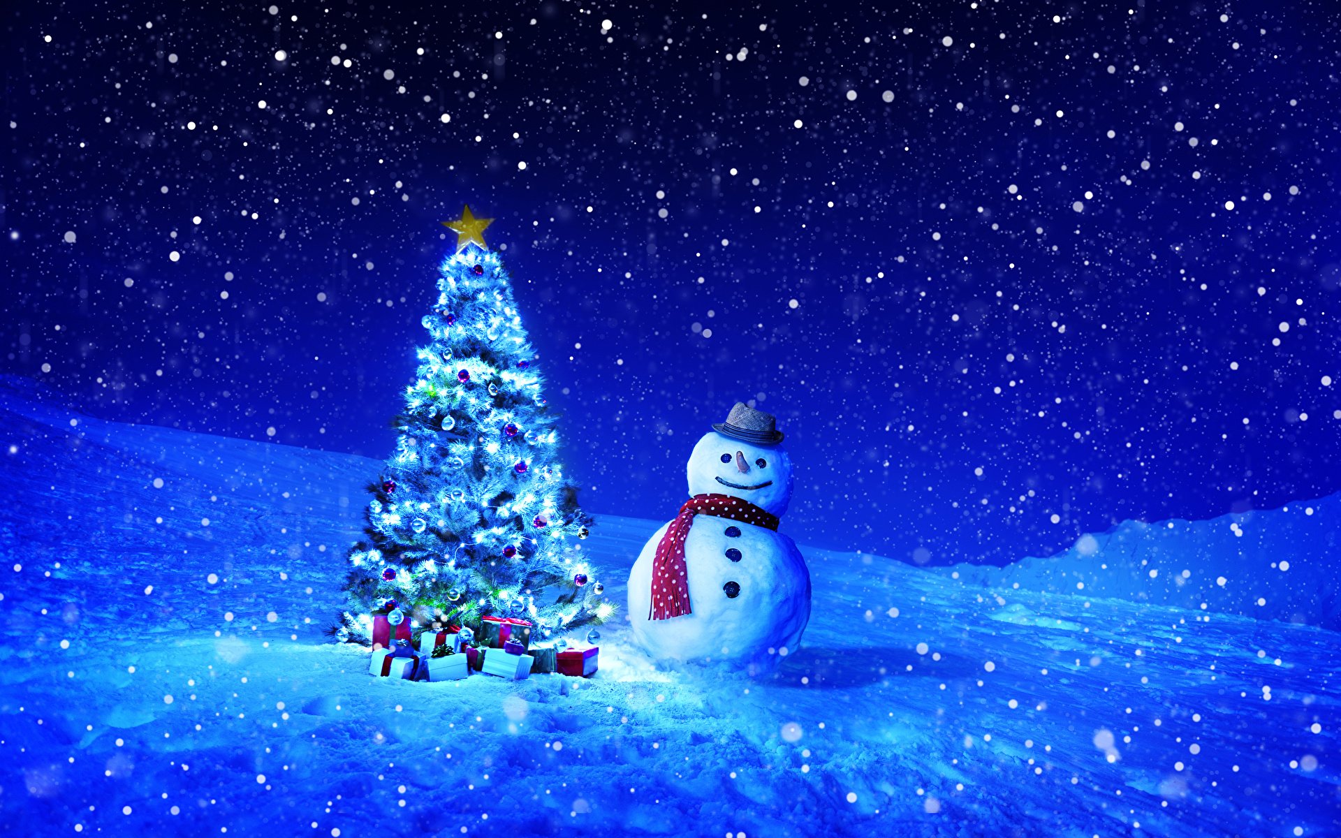 Snowman Christmas Tree Snow Winter Christmas Presents 1920x1200