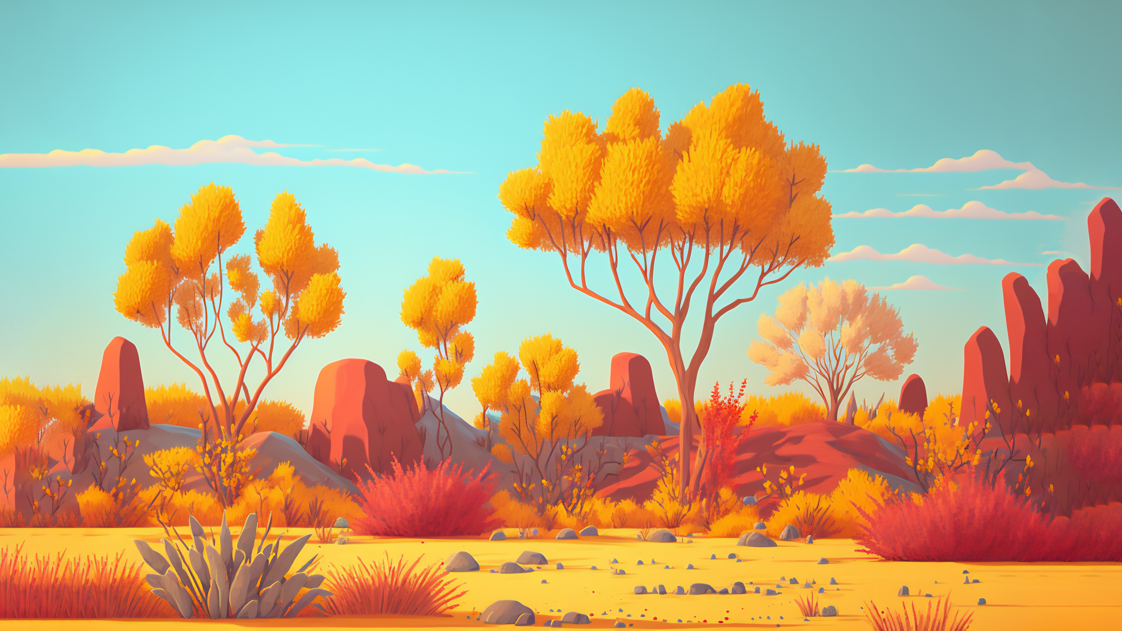 Ai Art Illustration Orange Desert Trees Rocks Nature 3640x2048
