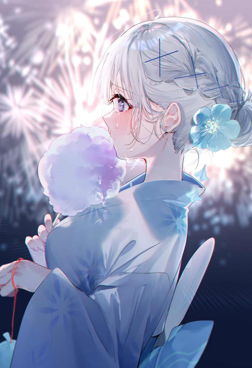 Anime Anime Girls Fireworks Profile Portrait Display Braids Flower In Hair Kimono Cotton Candy Sweet 990x1447