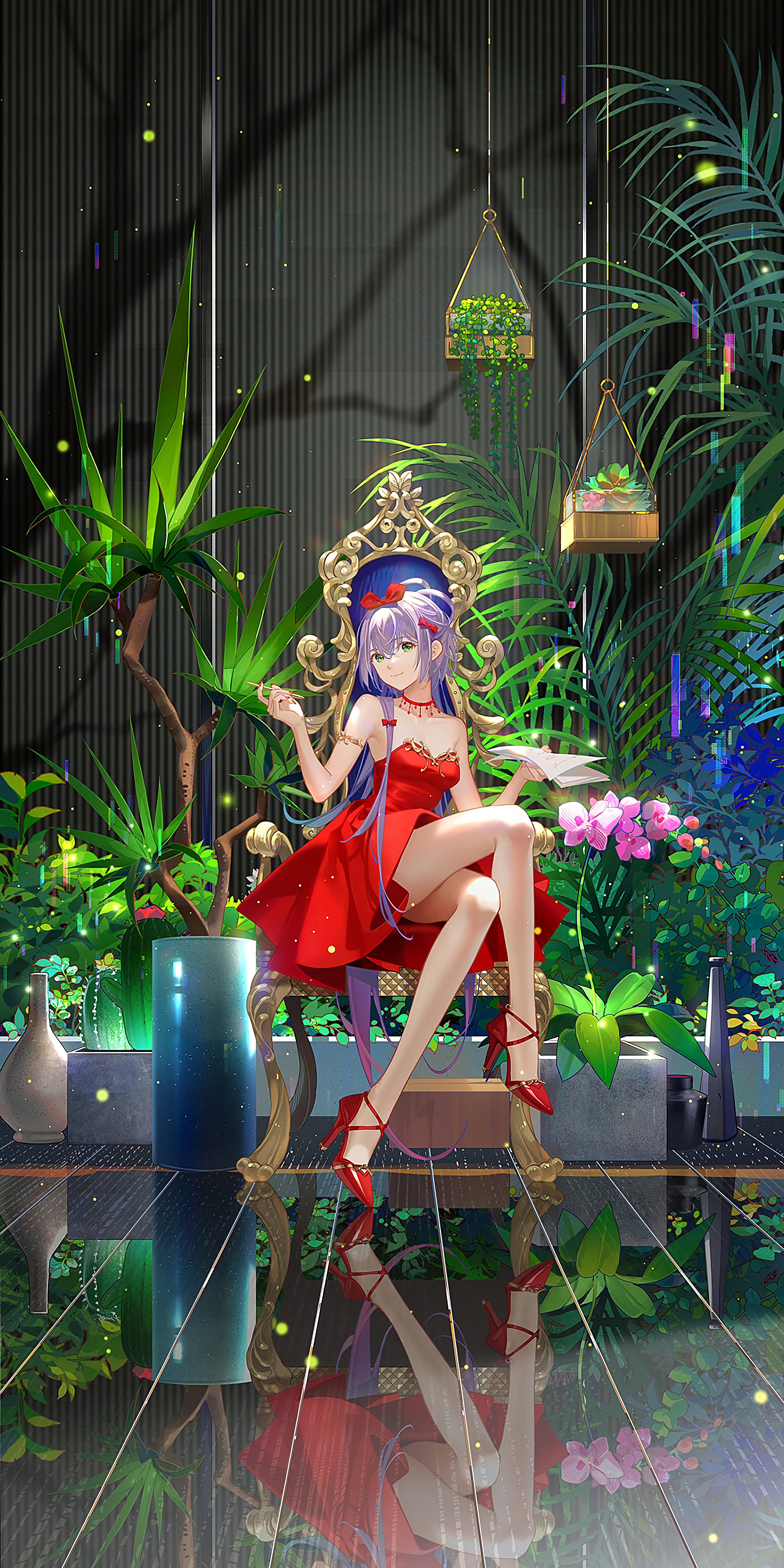 Luo Tianyi Anime Girls Reflection Plants Dress Red Dress Legs Crossed Heels Red Heels Purple Hair Gr 4000x8000