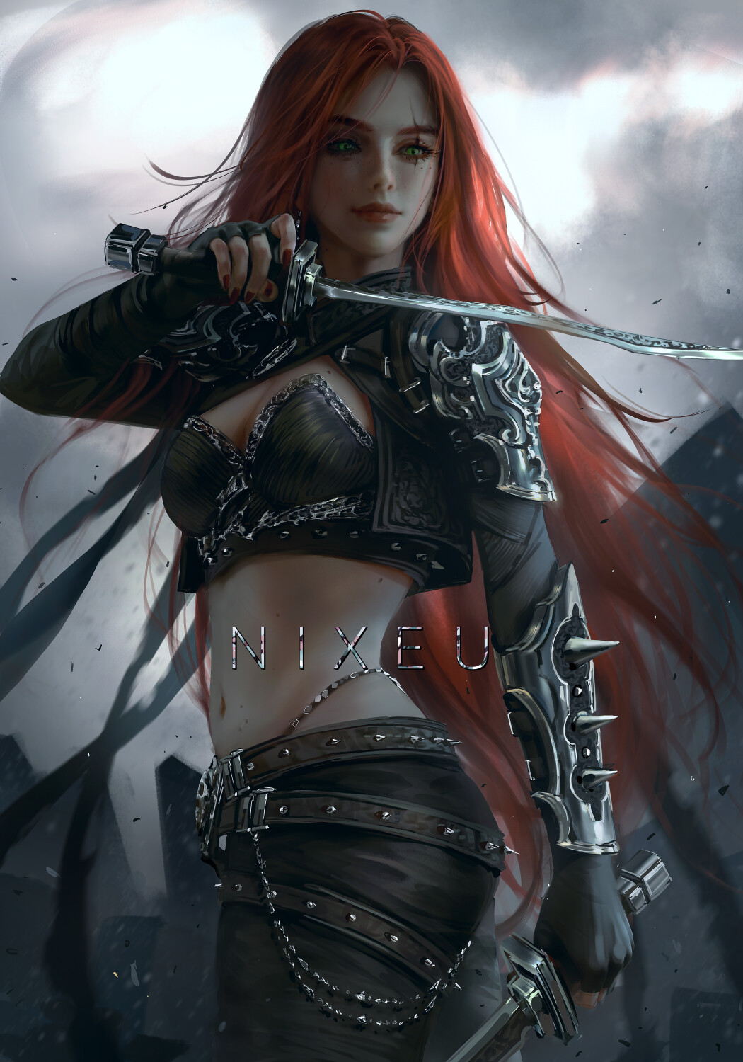 Nixeu Drawing Women Redhead Long Hair Scars Black Clothing Dagger Chains Sky 1050x1500