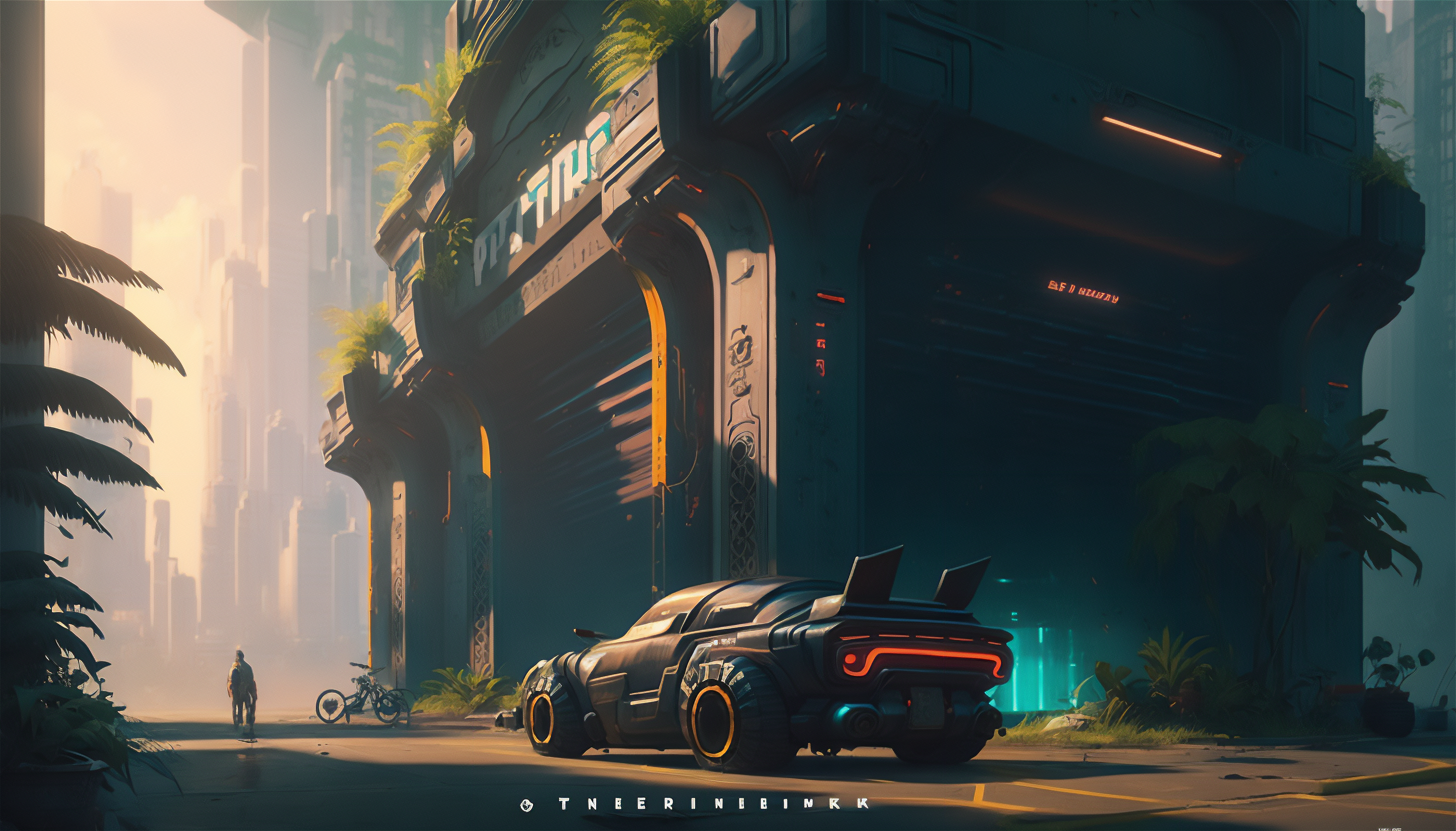 Ai Art Cyberpunk City Illustration Post Apocalypse Sports Car Taillights Building 3136x1792