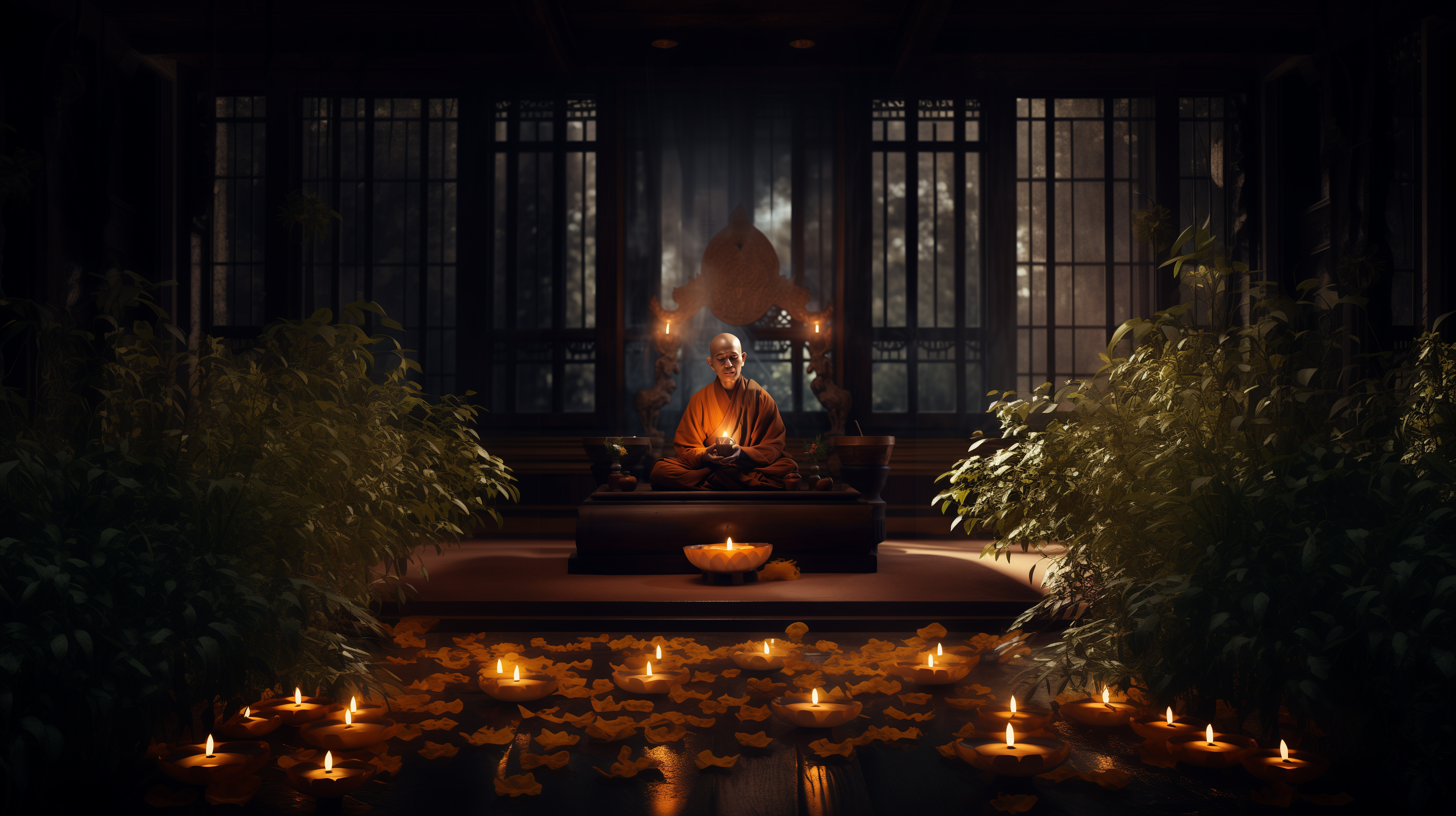 Buddhism Temple Meditation Candles Plants Digital Art 2912x1632