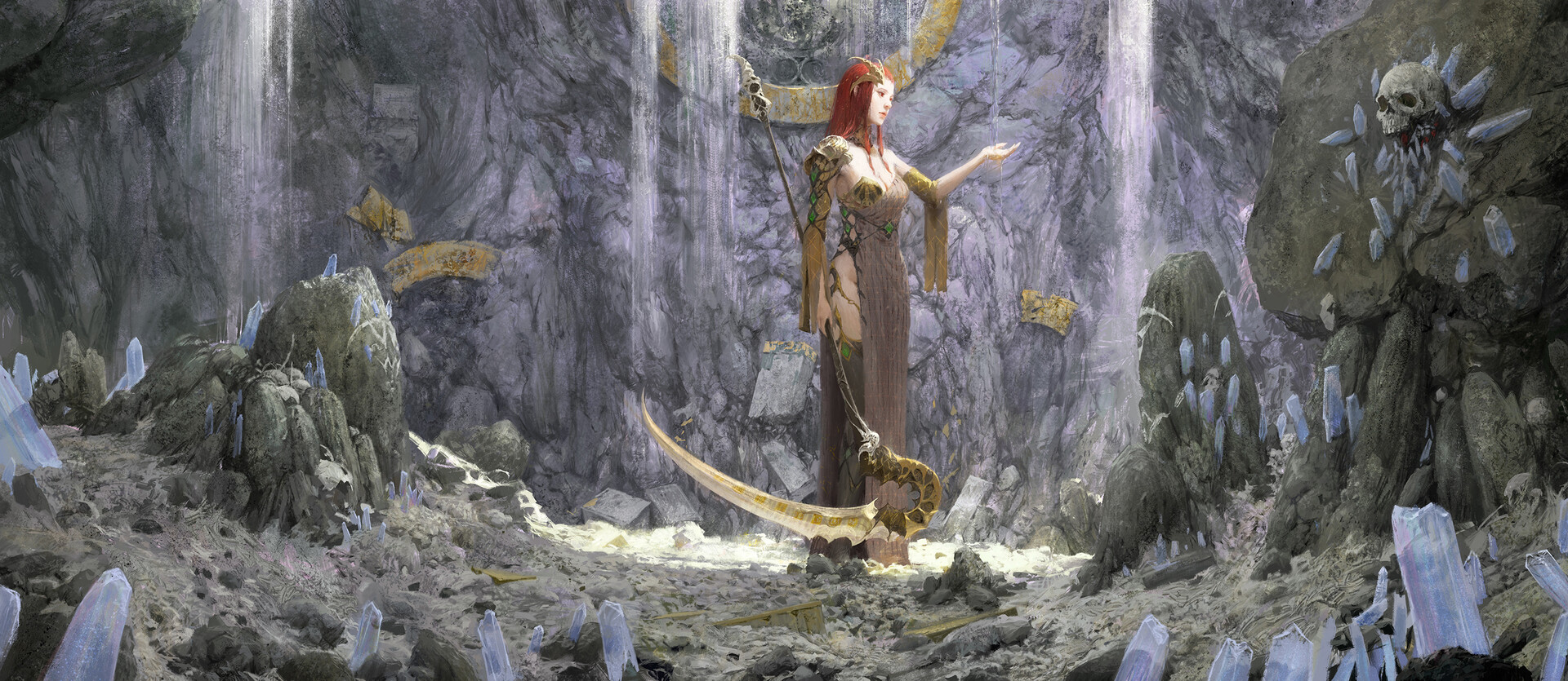 Artwork Fantasy Art Women Standing Scythe Women With Weapons Redhead Fantasy Girl Skull Crystal 1920x835